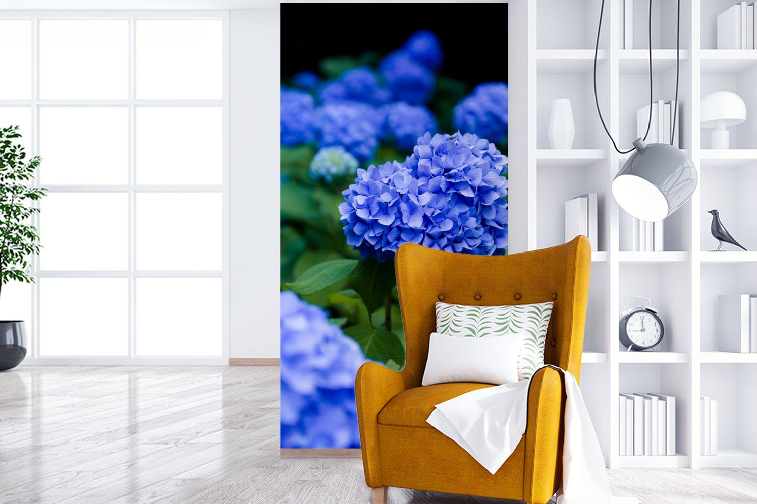 Schlafzimmer Hortensienblüten, blaue Küche, (2 St), Wohnzimmer Fototapete MuchoWow Fototapete für bedruckt, Matt, Nahaufnahme Vliestapete