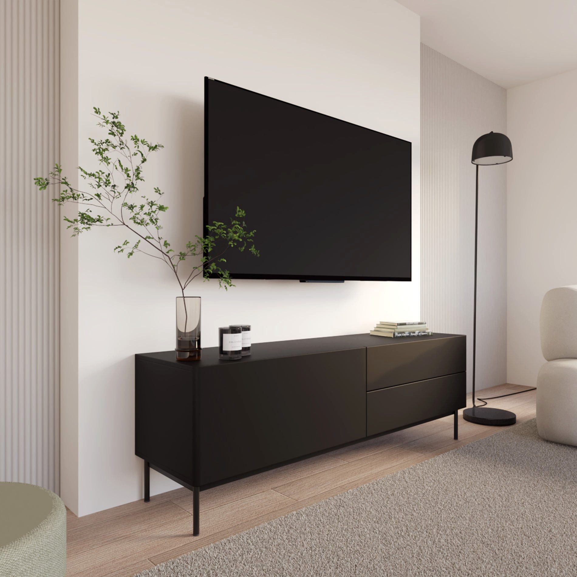 Selsey TV-Schrank OLIO TV-Lowboard Olio mit einer Klappe und zwei Schubladen 160 cm Schwarz