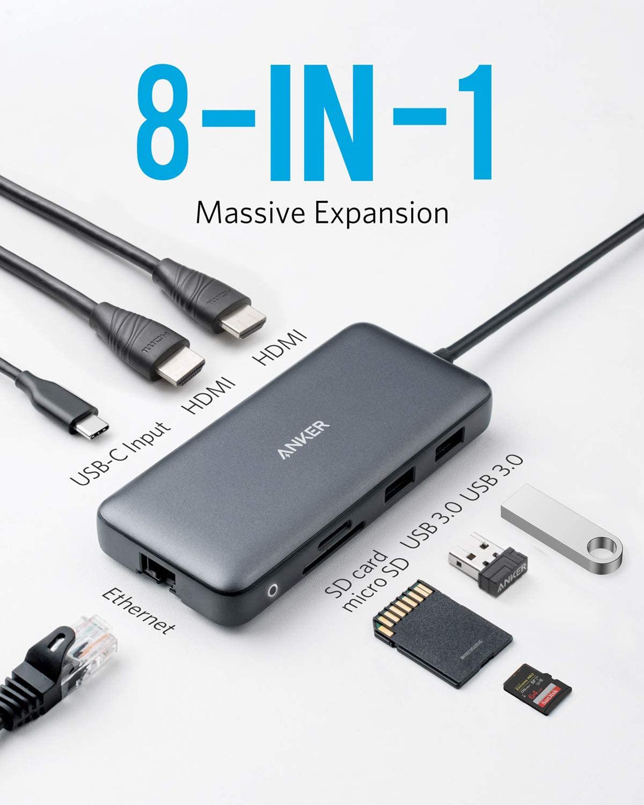 Anker Laptop-Dockingstation PowerExpand 8-in-1, 1x USB-C PD, 2x USB 3.0, 2x HDMI (4K), 1x Netzwerkanschluss – Bild 2 von 5