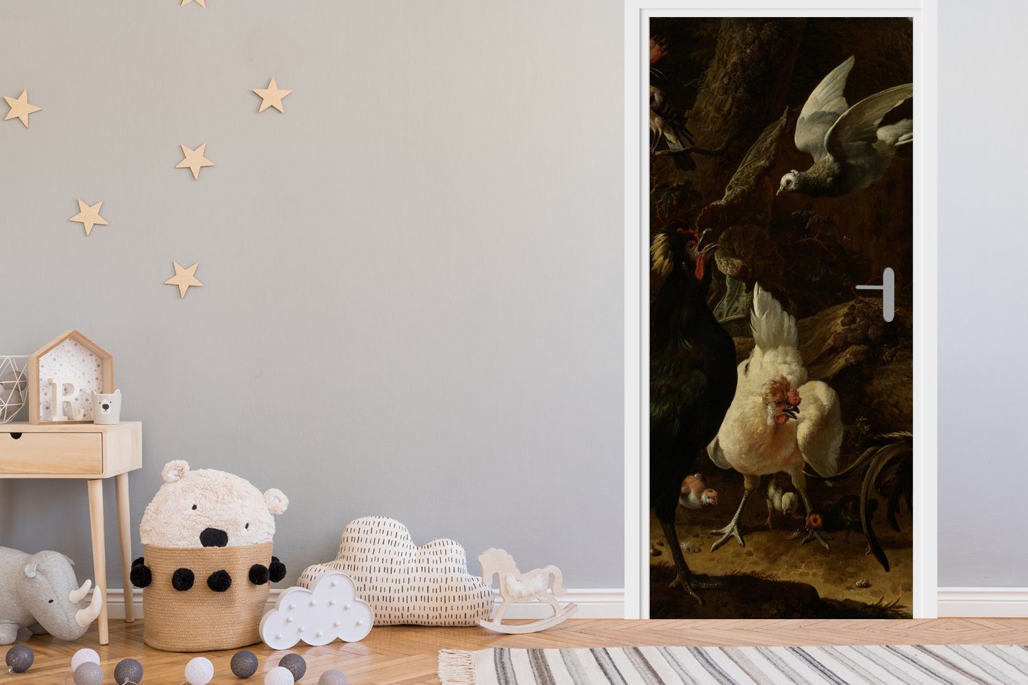 cm von Tür, für in (1 bedruckt, Matt, - Fototapete MuchoWow Vögel einem d'Hondecoeter, Melchior Türaufkleber, St), 75x205 Park Türtapete Gemälde