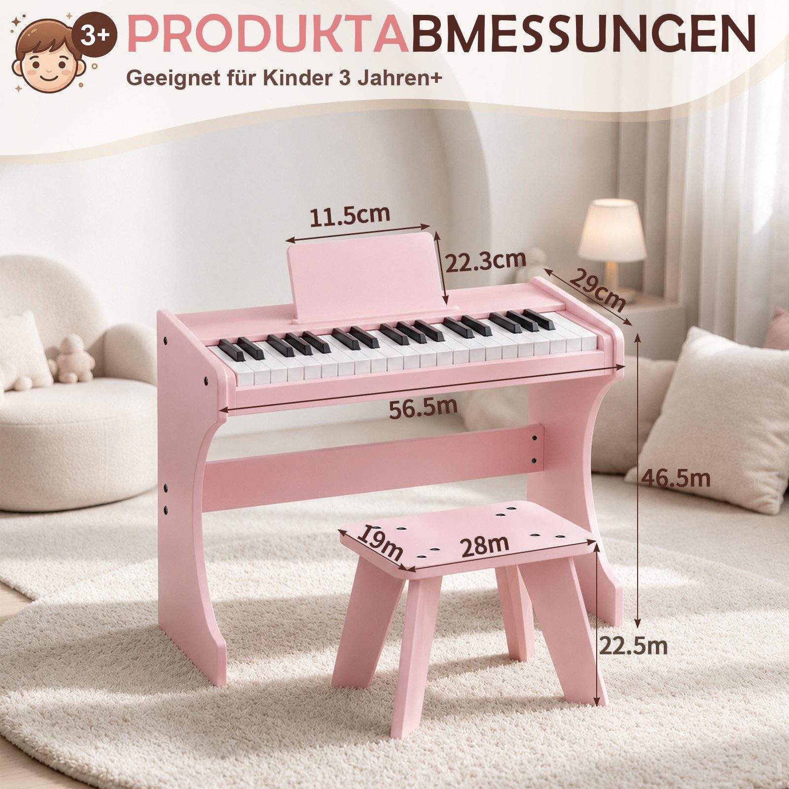 LALAHO Digitalpiano Kinder E-Piano 37 Tasten Kinder Klavier Komplett Set, Kinder-Keyboard,Kinderklavier aus Holz für ab 3 Jahren – Bild 3 von 5