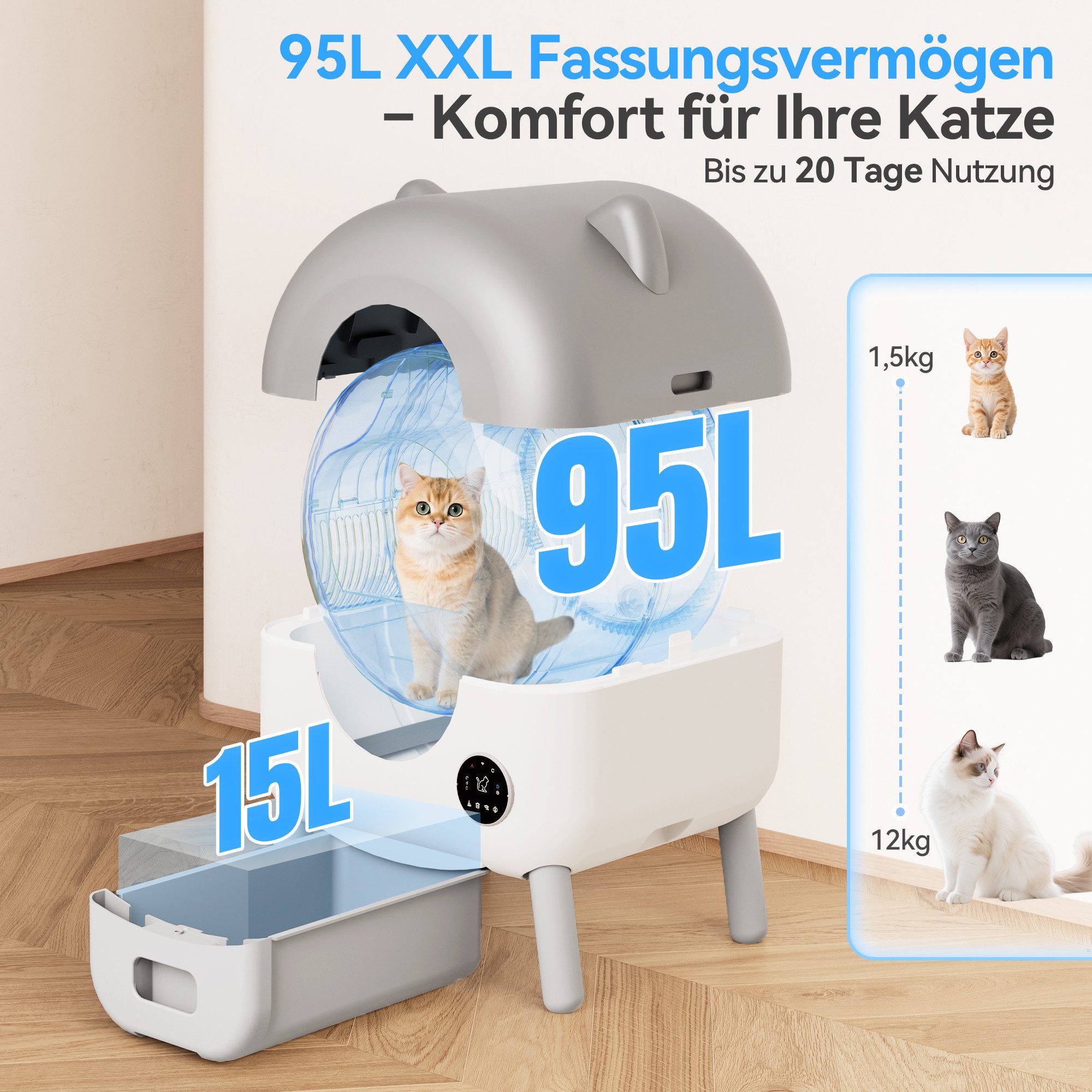 HOMALL Katzentoilette 95L+15L Katzenklo Selbstreinigend, Tastatursteuerung, Statusanzeige, App-Steuerung, Große Kapazität,Bedienpanel,Sandabweisplatte