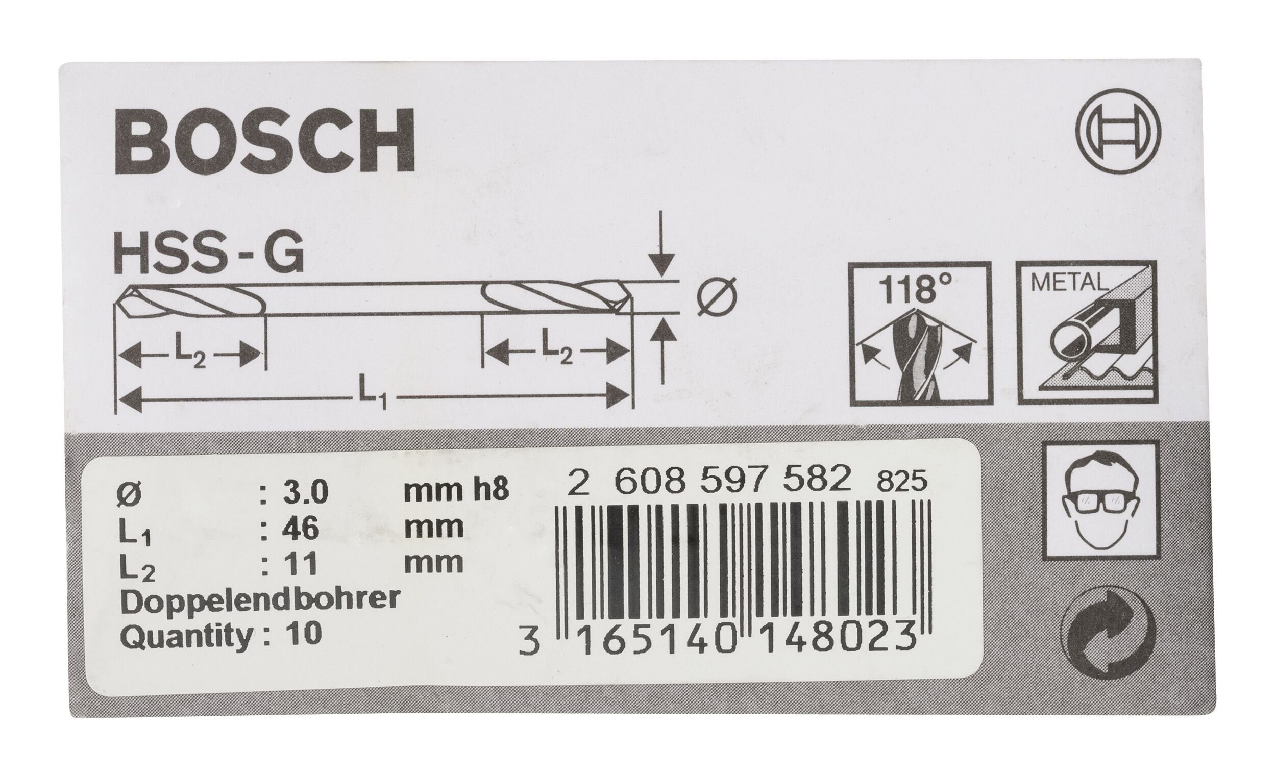 3 Stück), - 10er-Pack (10 46 BOSCH mm x HSS-G Metallbohrer, Doppelendbohrer - 11 x