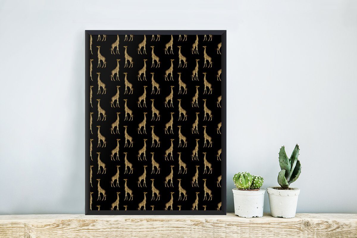 Poster, St), - Schwarzem MuchoWow Giraffe, Bilderrahmen Kunstdruck, - Gerahmtes - Gold (1 Muster Poster Rahmen, Tiere mit