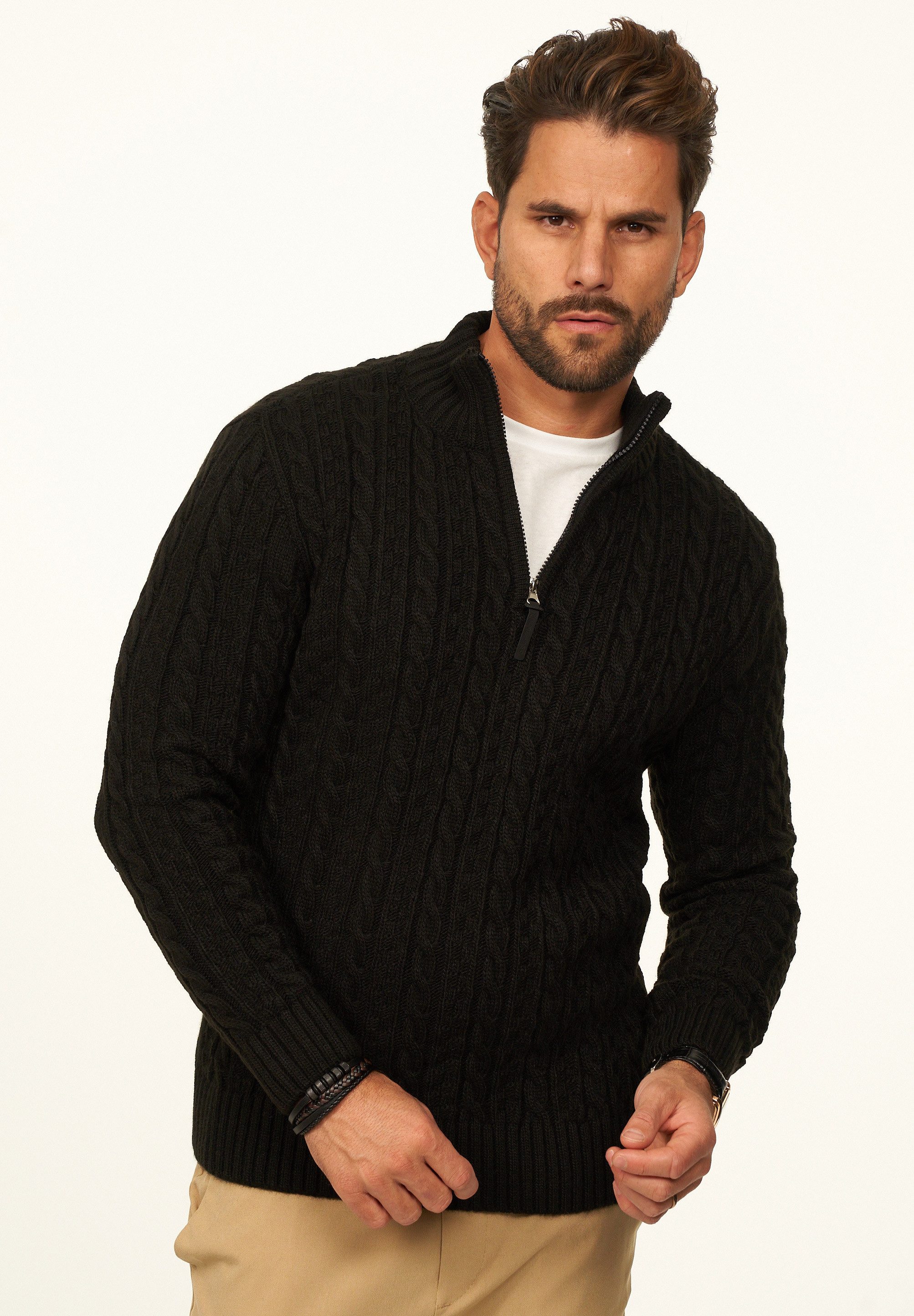 DAILY COTTON Strickpullover als Grobstrick Troyer Pulli mit Zopfmuster für Herren Männer Winterpullover Half-Zip im Regular-Fit