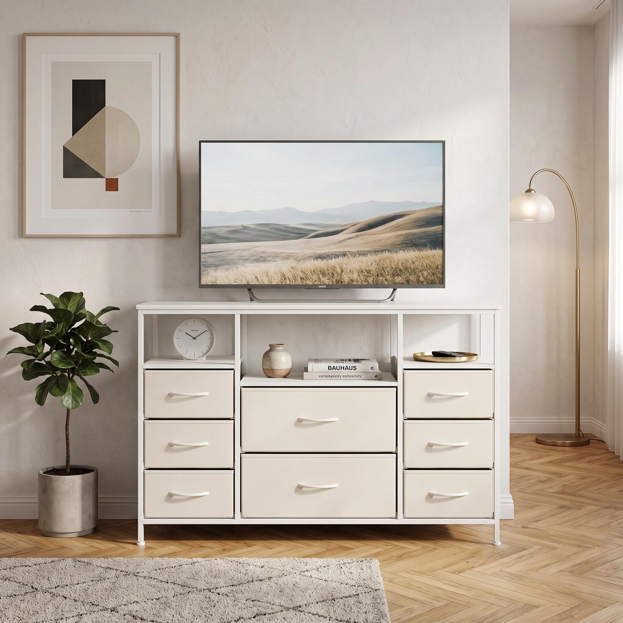 GarveeMore Lowboard TV-Schrank mit 8 Stoffschubladen, 4 Füße mit Bodenschonern, ür Wohnzimmer & Schlafzimmer & Flur, 110x75,5x30 cm, weiß