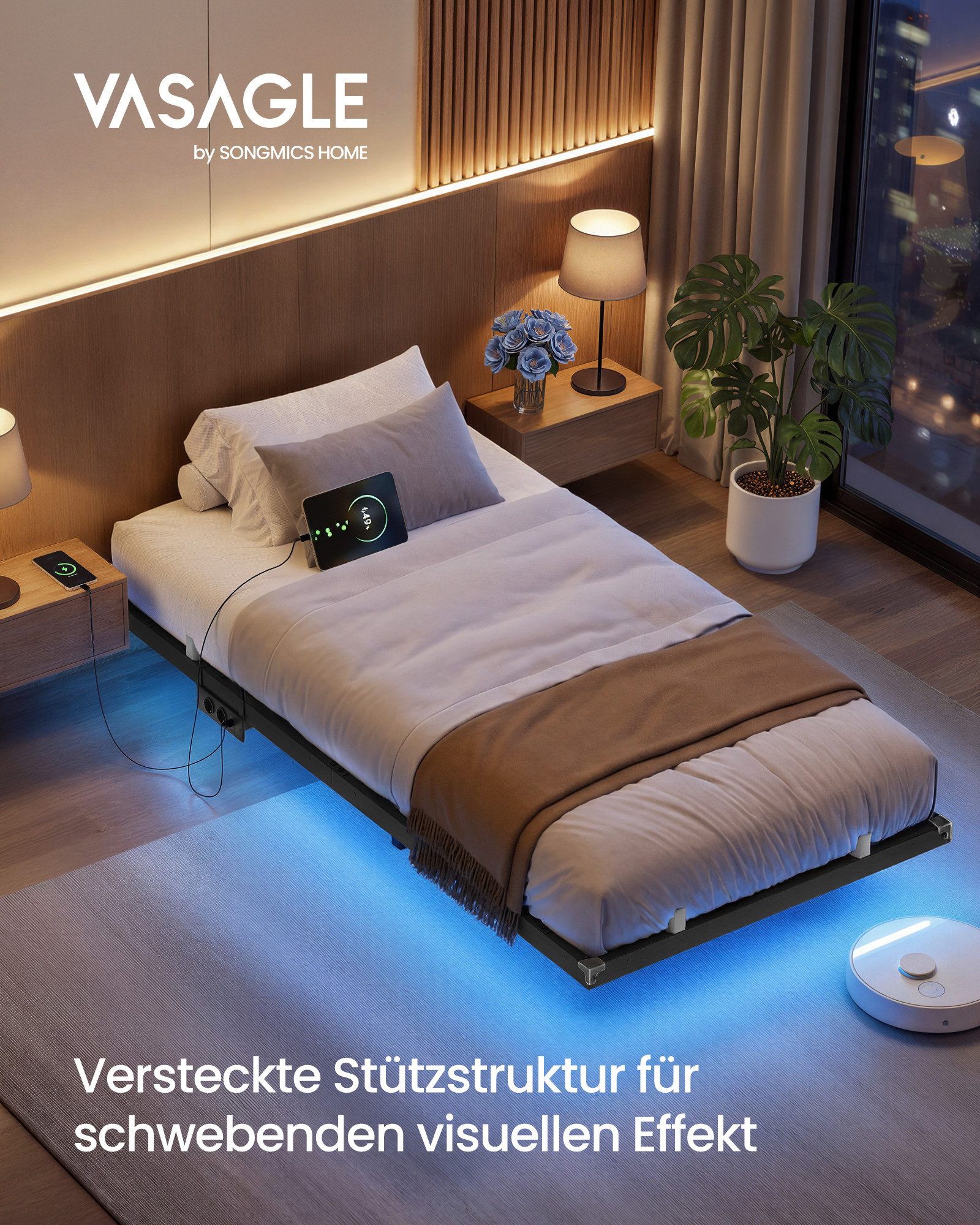 VASAGLE Bettgestell, Bettgestell mit LED-Beleuchtung, USB-C-Anschluss, Steckdosenleiste