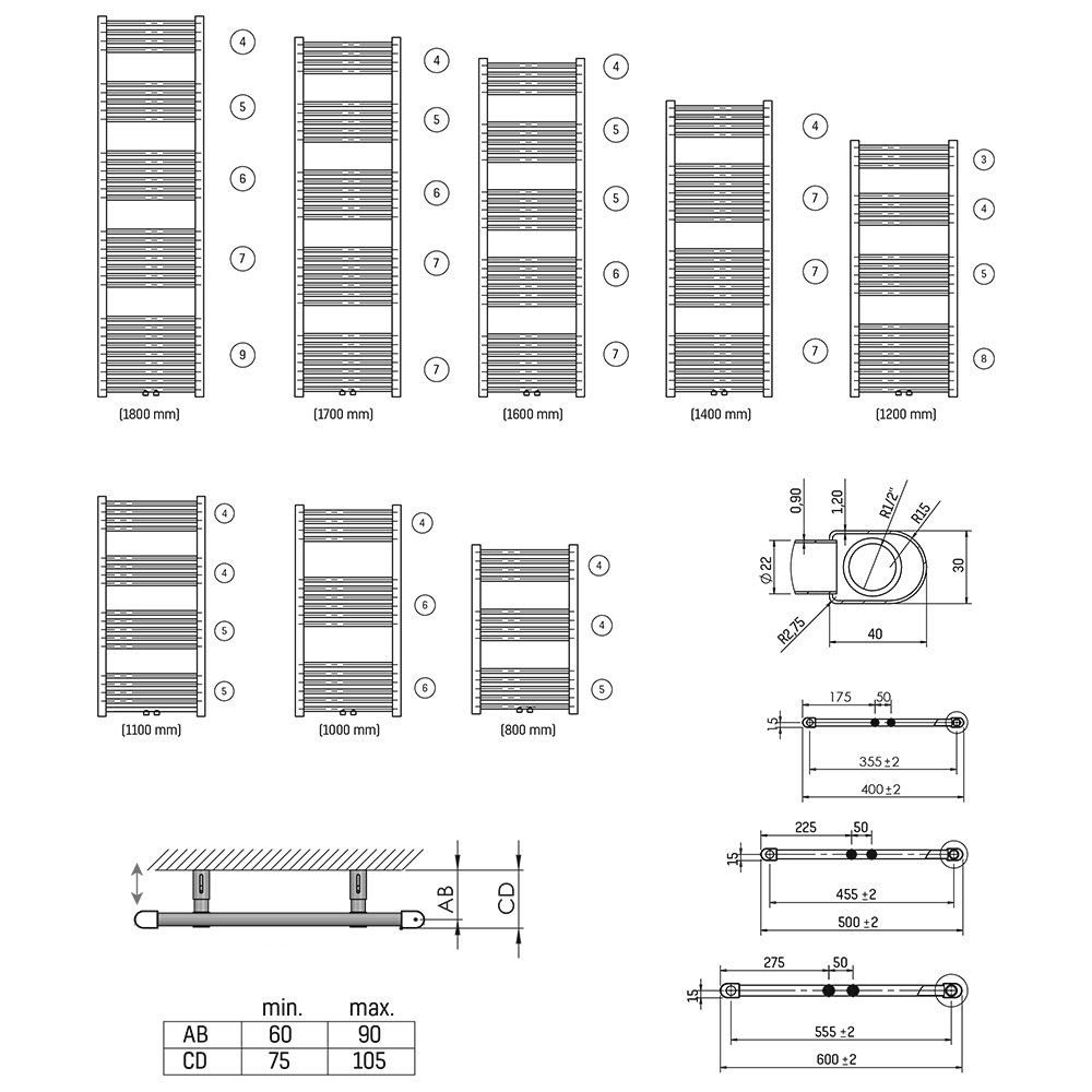 Badheizkörper gebürstet Belrad 1800x400 matt Schwarz BZM1800400, Badheizkörper Mittelanschluss