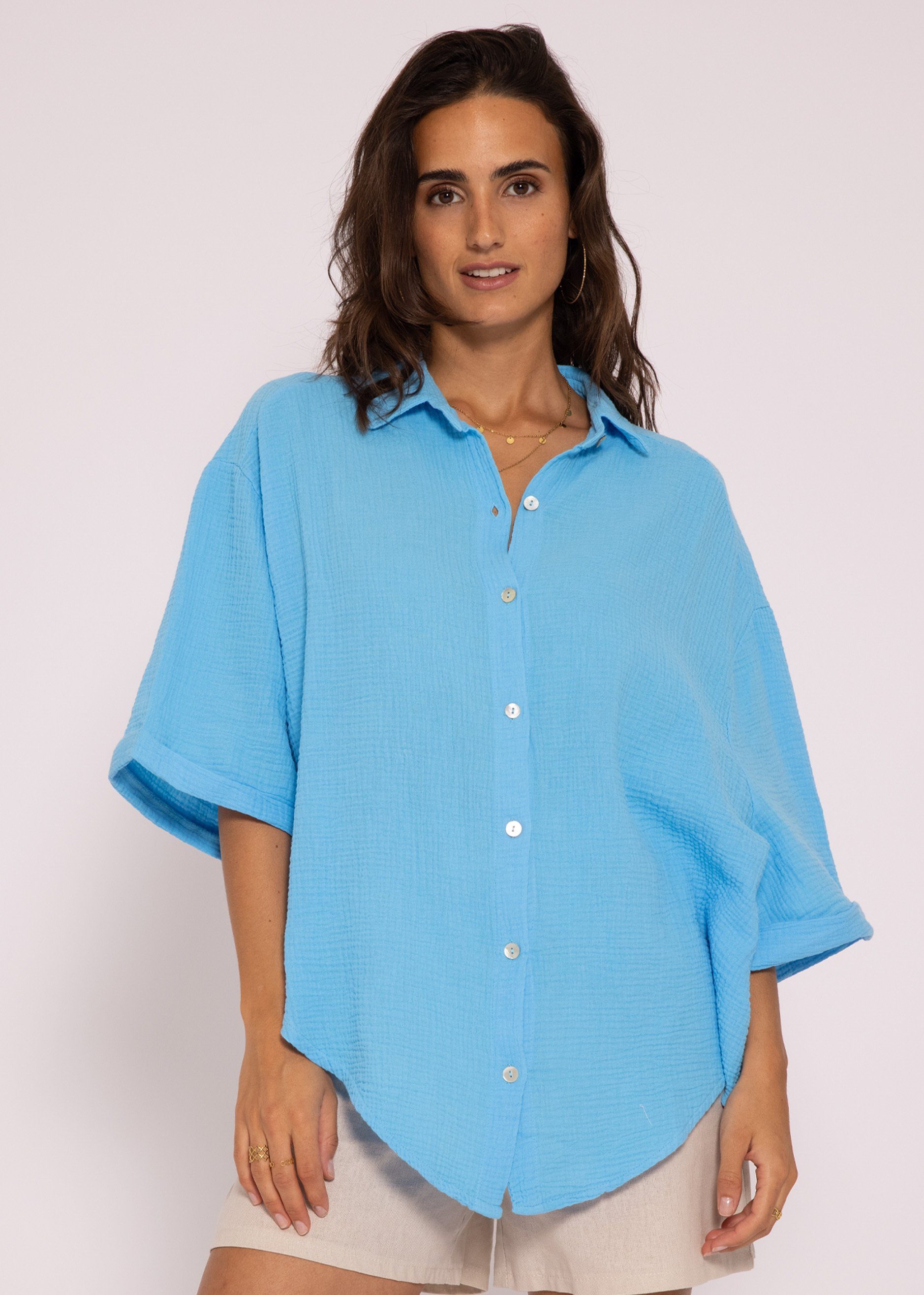 SASSYCLASSY Kurzarmbluse Oversize Musselin Bluse Damen kurzarm Shirt Bluse aus Musselin Baumwolle, Made in Italy, One Size: Gr. 36-48 Azurblau