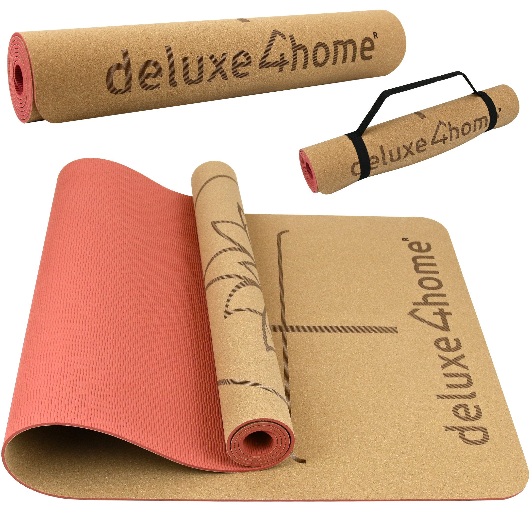 deluxe4home Yogamatte Gymnastikmatte Kork mit Ausrichtungslinien I Turnmatte Fitness Matte, inkl. Tragegurt