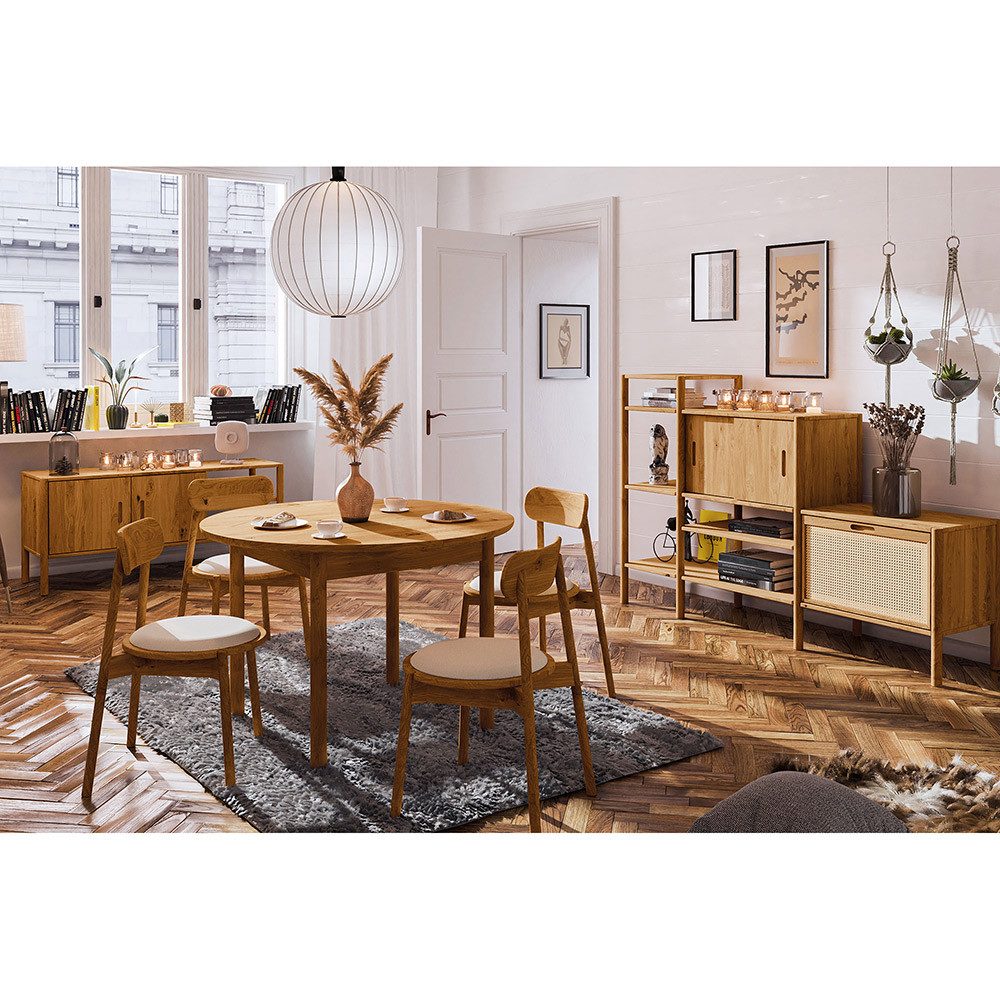 Lomadox Esszimmer-Set PORI-165, (Spar-Set, 7-St., Sideboard Regalschrank Stühle runder ausziehbarer Esstisch), Wildeiche massiv geölt, Rattangeflecht, Echtholz/Massivholz