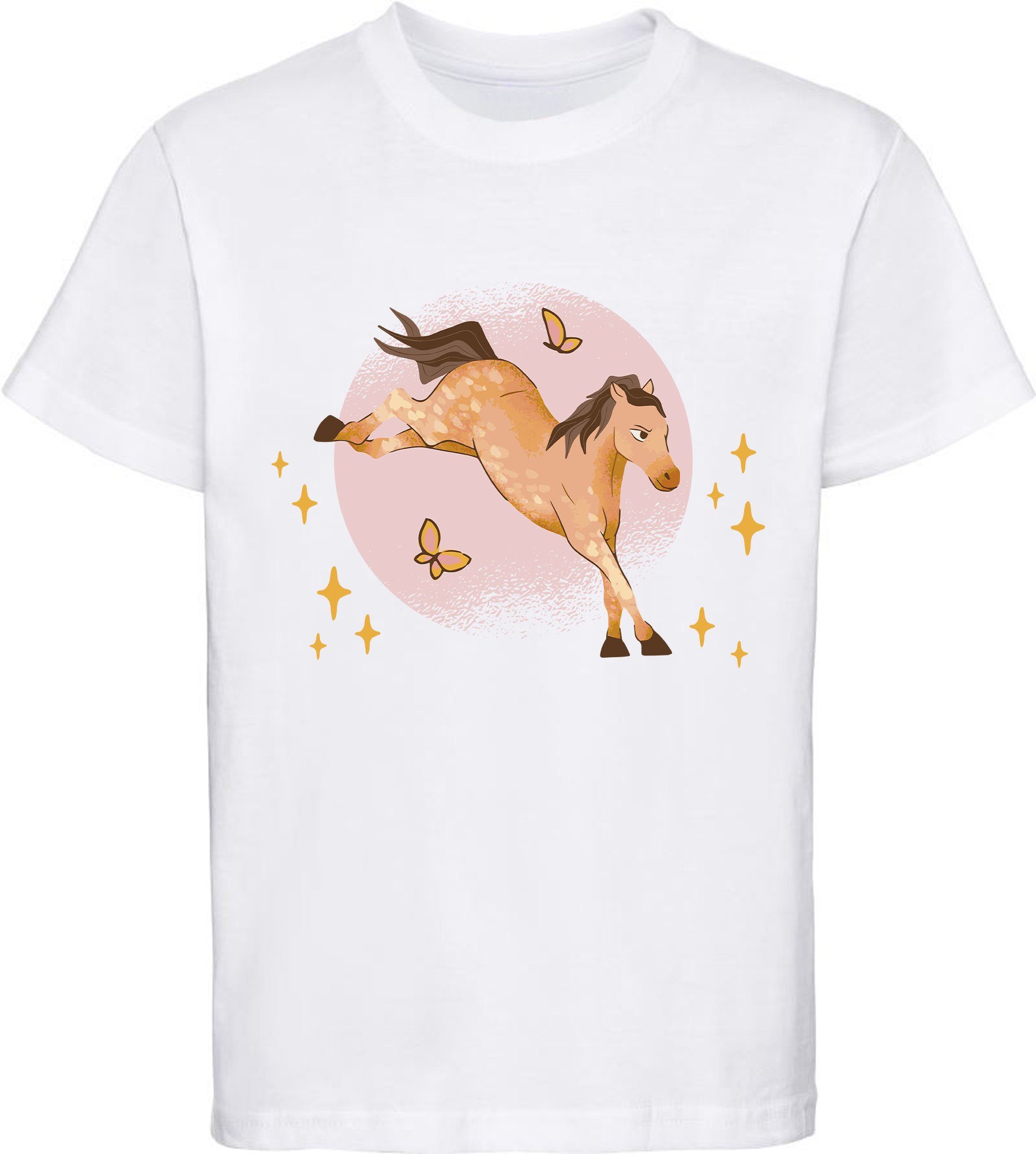 MyDesign24 Print-Shirt bedrucktes Mädchen T-Shirt austretendes Pferd und Schmetterlinge Baumwollshirt mit Aufdruck, i157 weiss