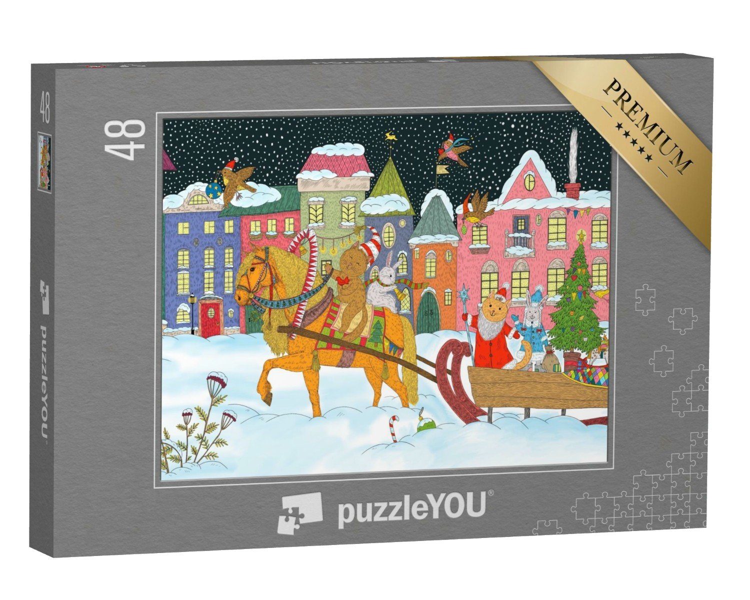 puzzleYOU Puzzle Weihnachtsmann und Tiere auf einem Pferdeschlitten, 48 Puzzleteile, puzzleYOU-Kollektionen Weihnachten