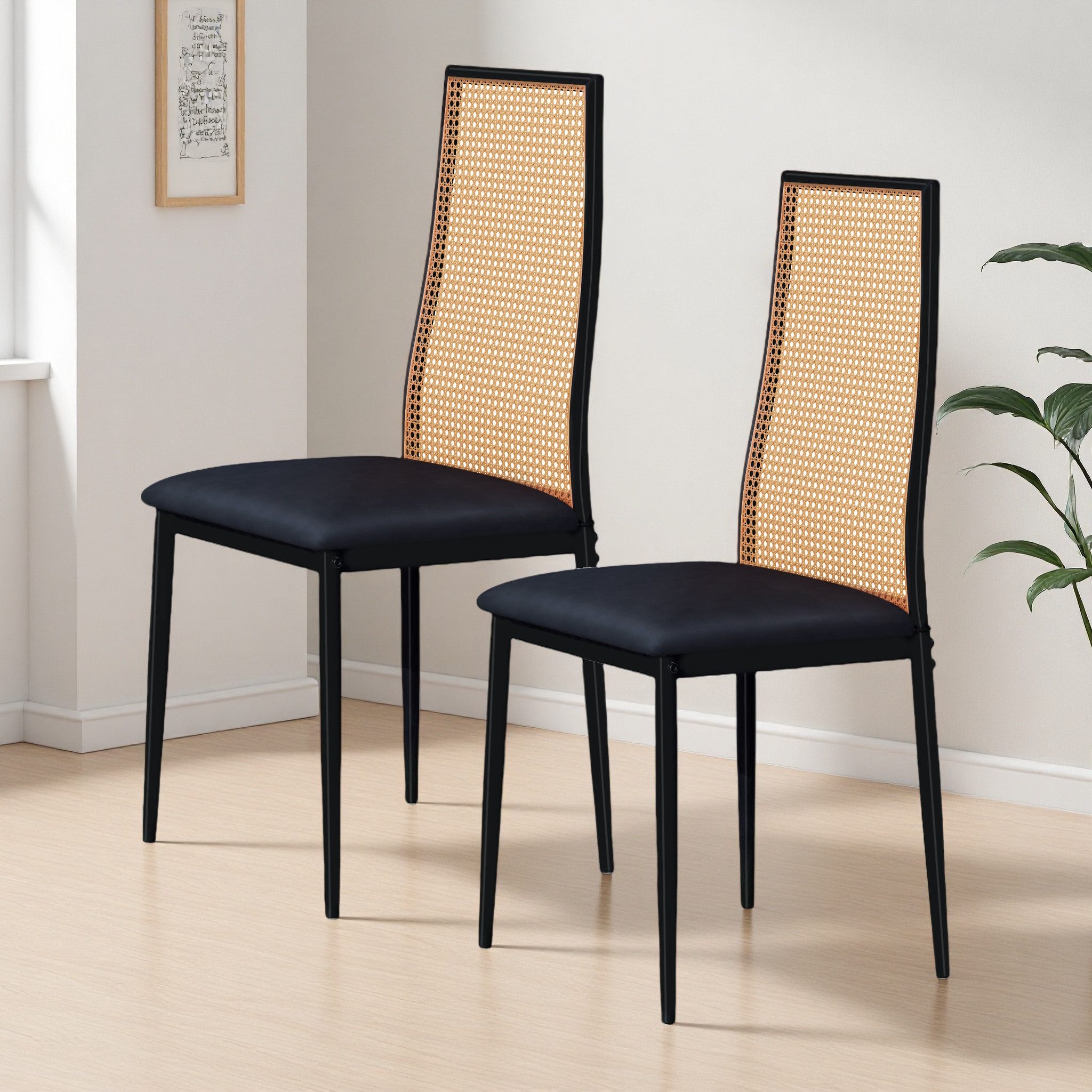 Simurq Esszimmerstuhl Stuhlset Polsterstühle aus Rattan,Armlehnstuhl, Schwarz,Metallgestell (Stuhl im Retro-Stil, geeignet für Esszimmer und Wohnzimmer), 2 Set
