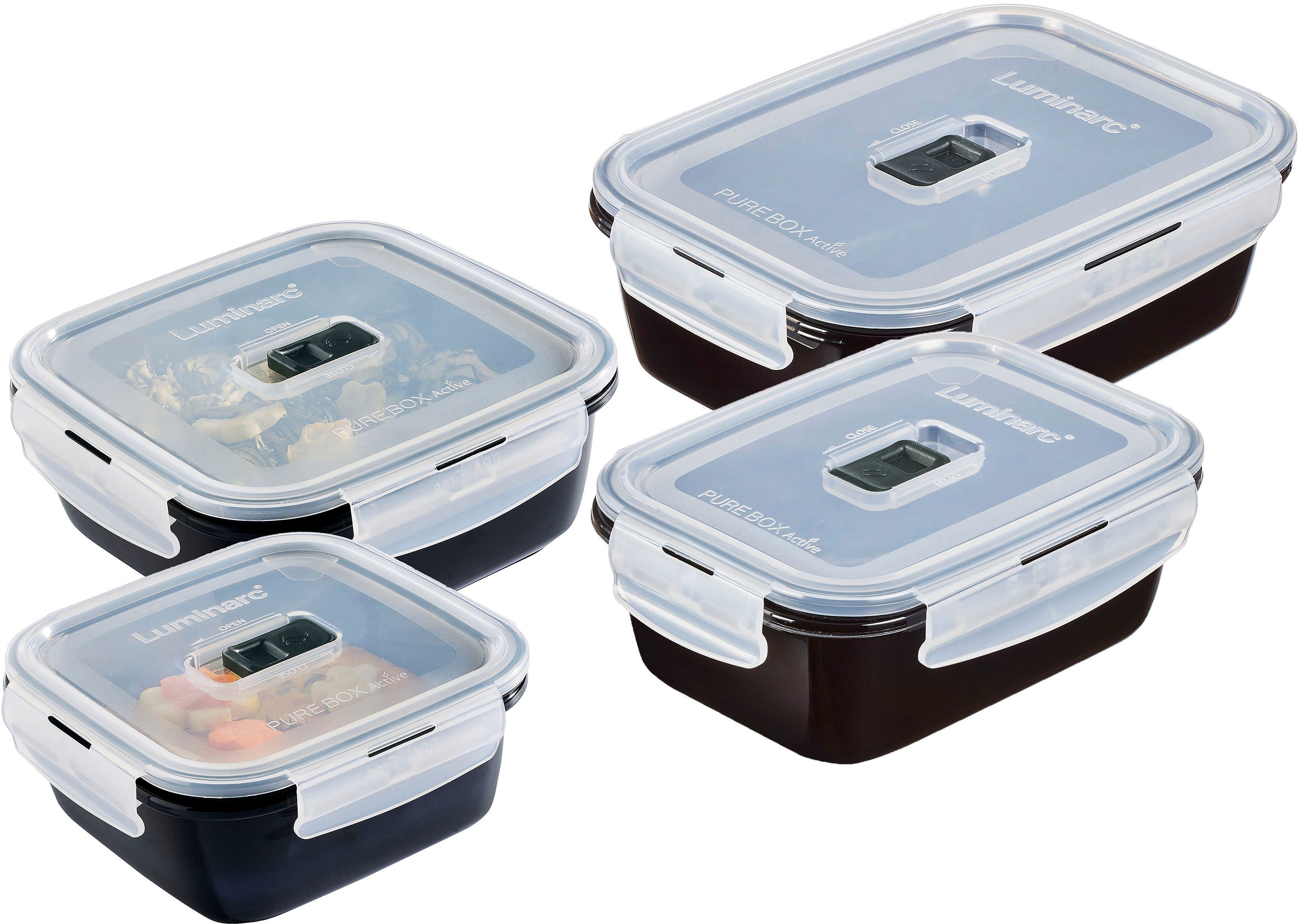 Luminarc Frischhaltedose Black Box, Glas, (Set, 4-tlg), Luft- und wasserdicht/ Clip & Close Verschluss, 82 cl, 76 cl, 2x122 cl