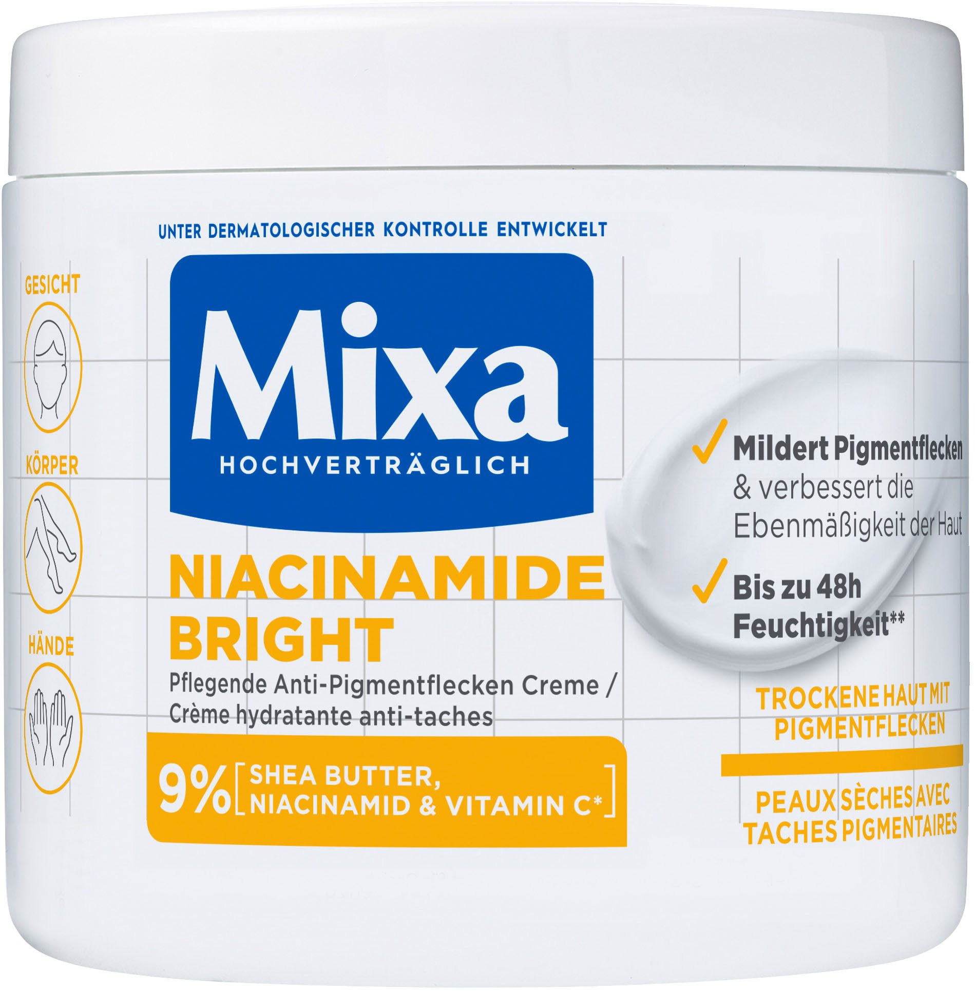 Mixa Körpermilch Микса Niacinamide Bright Creme, Mildert sonnenbedingte Pigmentflecken, versorgt trockene Haut.