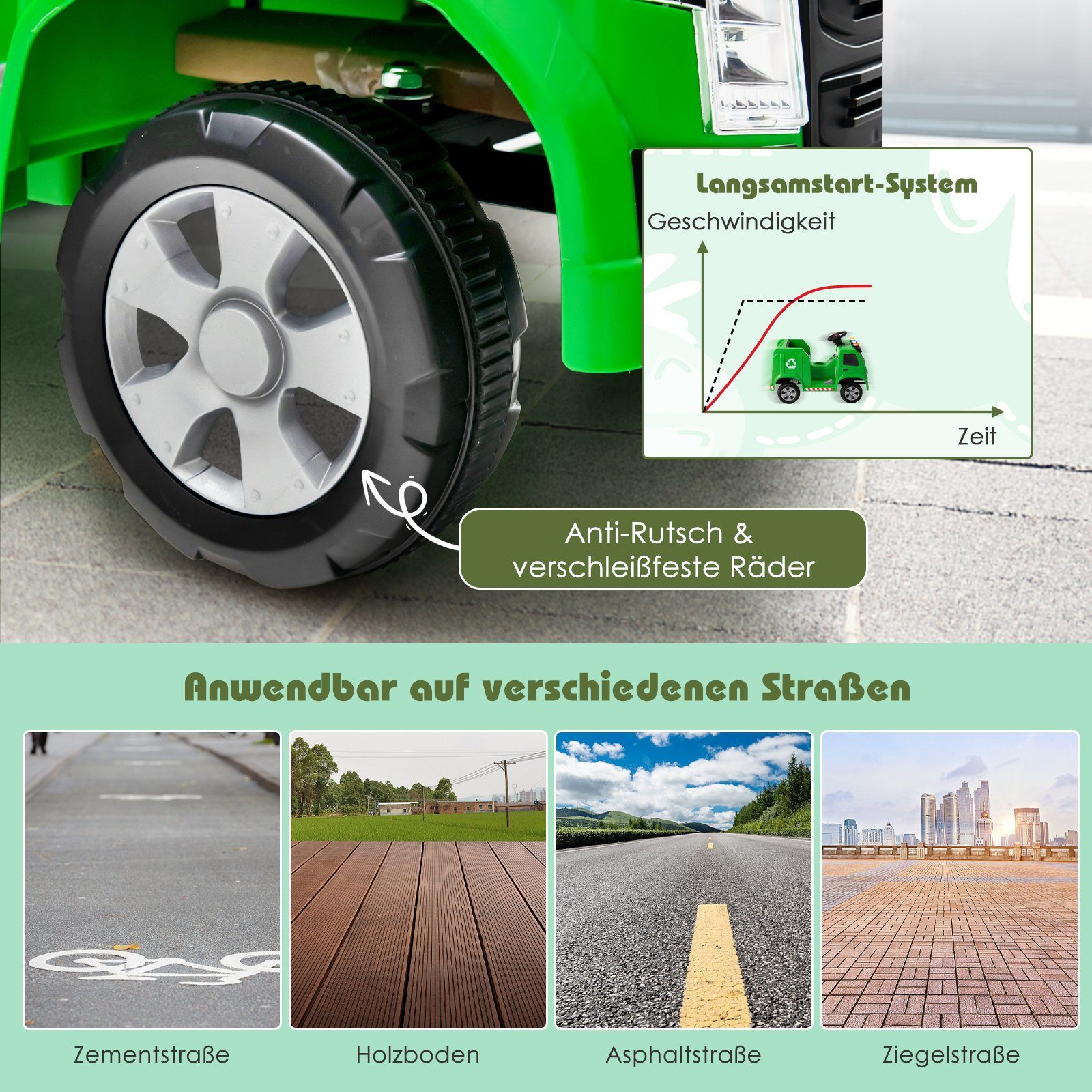 6 inkl. 12V Elektro-Kinderauto Zubehör COSTWAY Müllwagen, grün