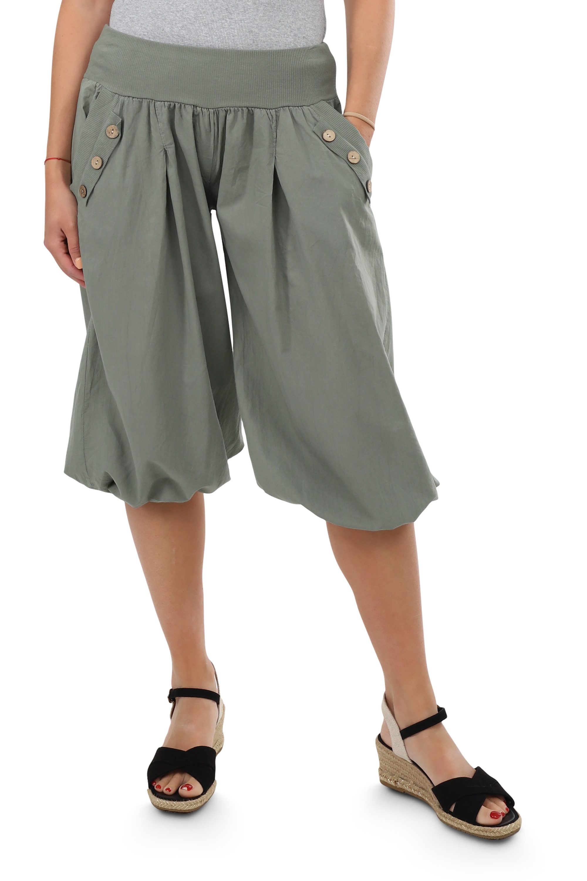 malito more than fashion Haremshose malito Damen Pumphose Capri Holzzierknöpfe 23286H kurze Sommer Pumphose in Unifarben Einheitsgröße
