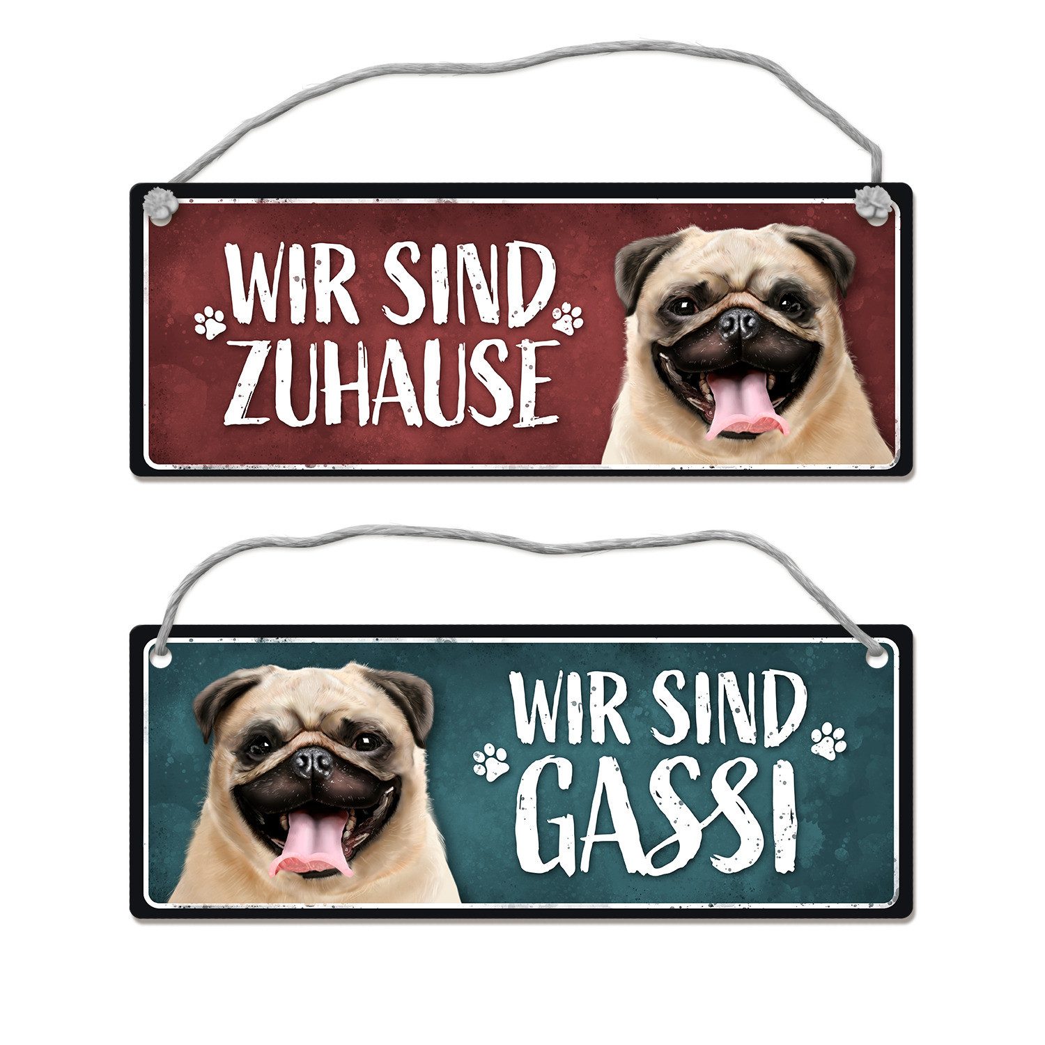 Metallschild Wir sind Gassi/Zuhause Mops Wendeschild mit Kordel Schild Türschild
