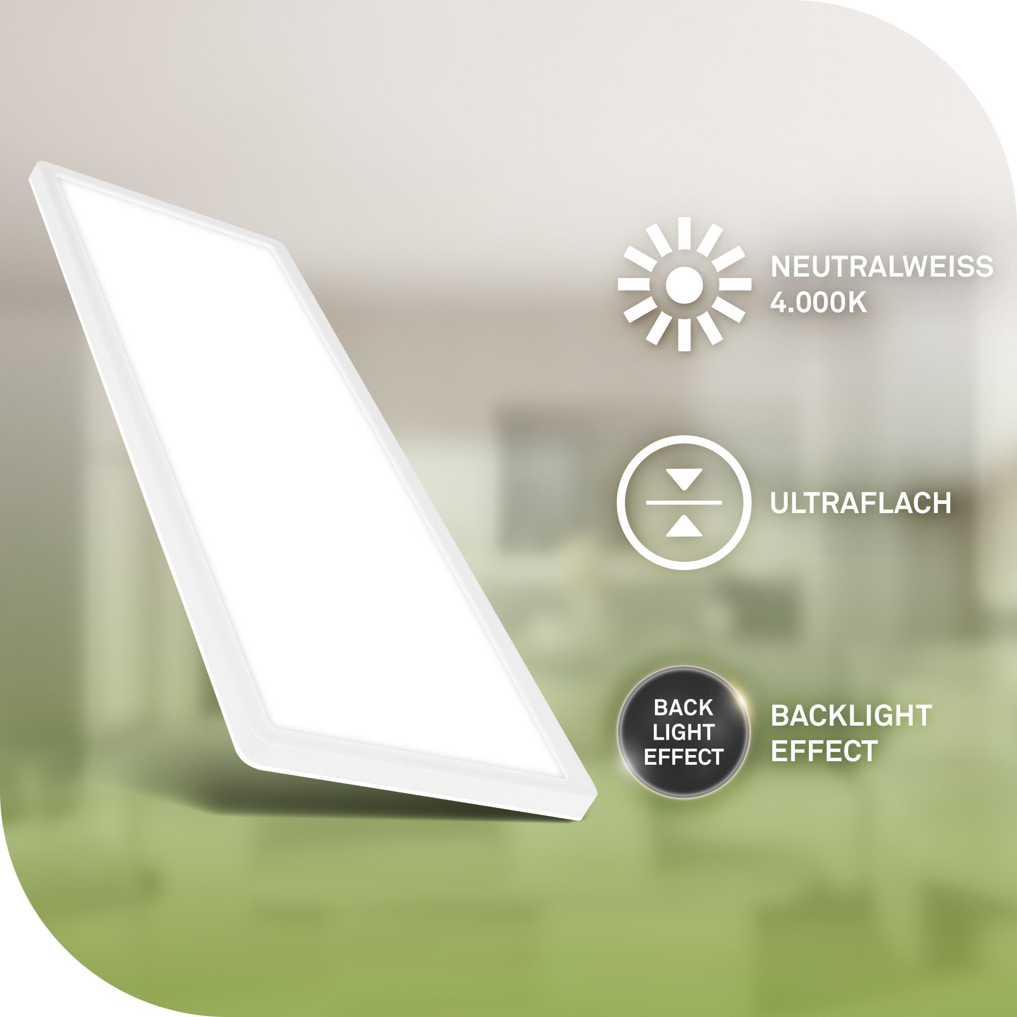 Briloner Leuchten LED Panel Deckenlampe ultraflach Energieeffizienz A Backlight-Effekt, LED fest integriert, LED wechselbar, 4000K, Verschiedene Ausführungen, Wohnzimmer Schlafzimmer Küche