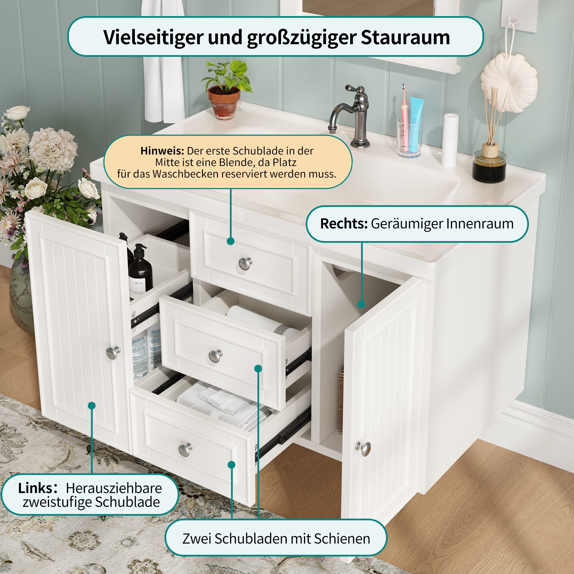Celya Waschbeckenunterschrank Waschtischunterschrank mit Schubladen und Türen Badezimmerschrank (Mit Keramik-Waschbecken) wandhängend,Viel Stauraum,Wasserdichte – Bild 4 von 5