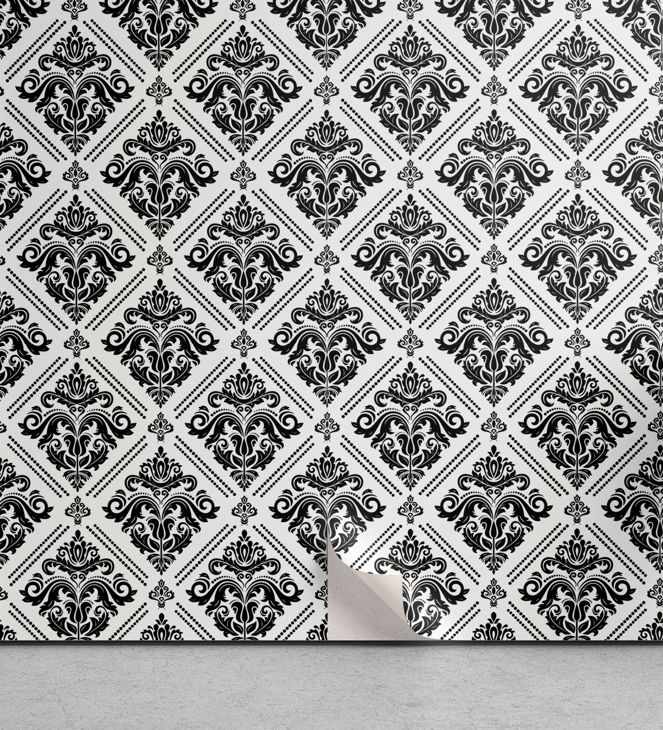 Abakuhaus Vinyltapete selbstklebendes Wohnzimmer Küchenakzent, Damast Monochrome Kurvige ornates
