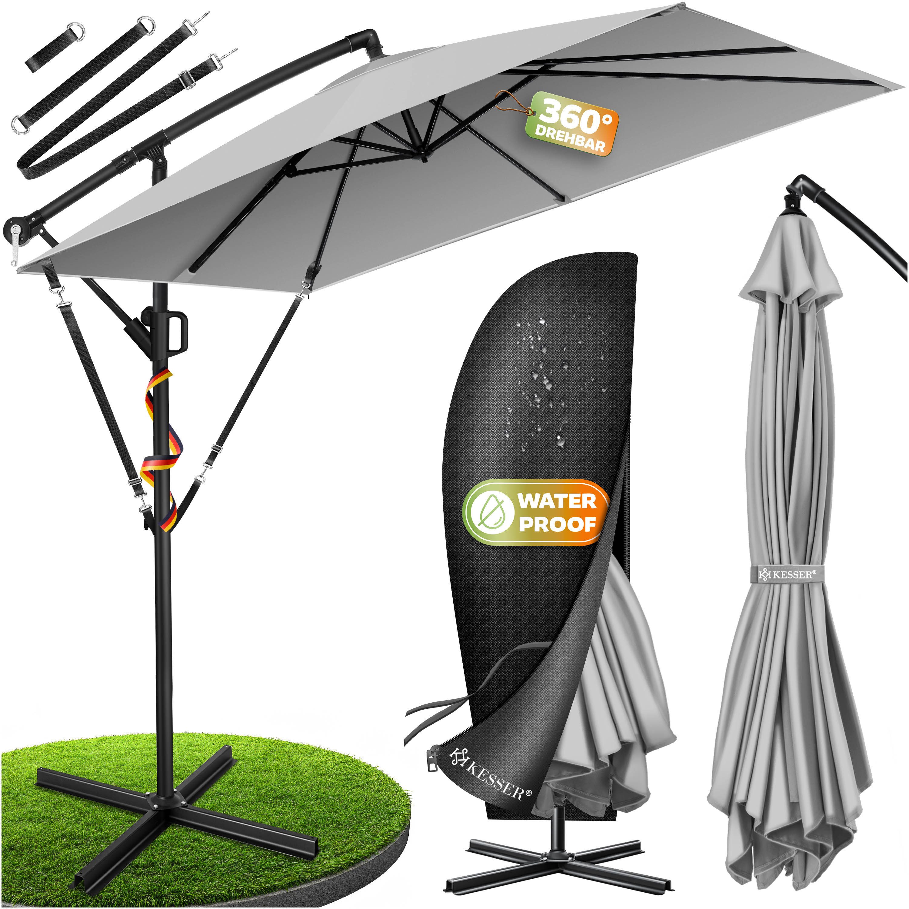 KESSER Ampelschirm, Ø350cm Sonnenschirm inkl. Abdeckung & Windsicherung, wetterfest