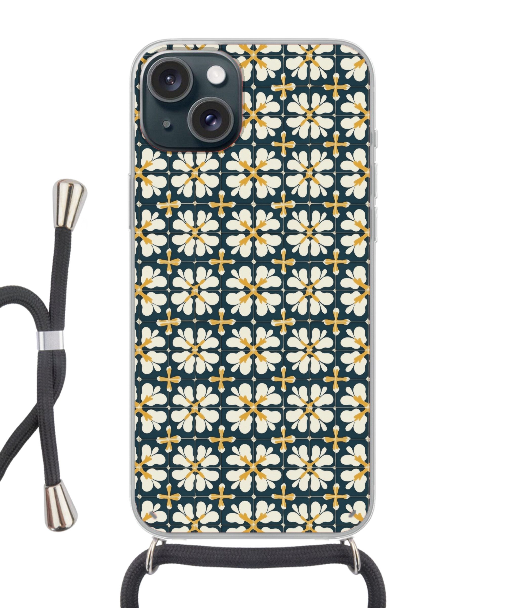 MuchoWow Handyhülle für Apple iPhone 15 Motiv - Fliese - Ockergelb, Tragbare Handyhüllen mit Kette zum umhängen, Handykette Handyband