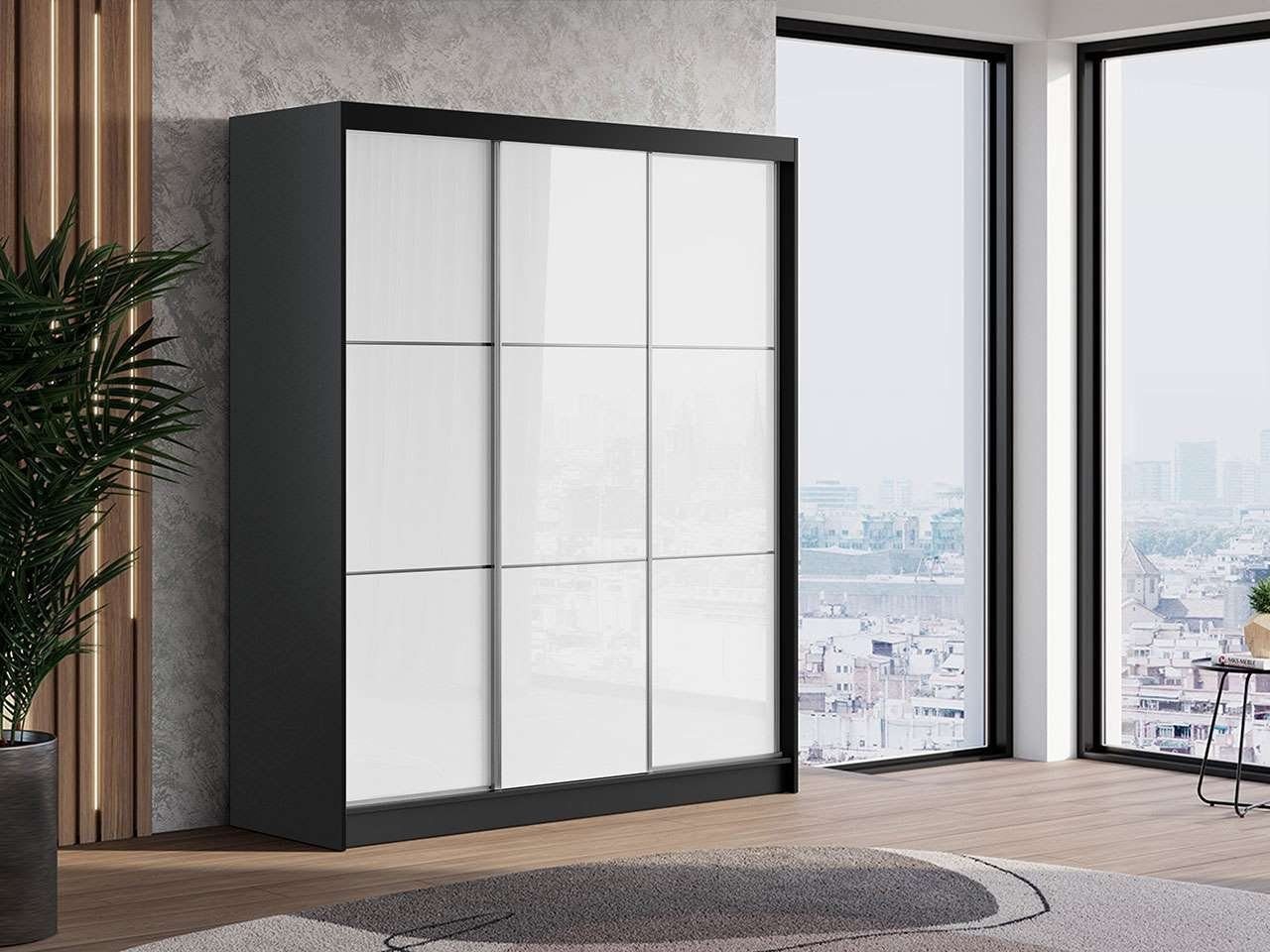 MKS MÖBEL Kleiderschrank VALENCIA Schiebeschrank 180 cm, mit modern lacobel-glas, Schiebtüren Weiss