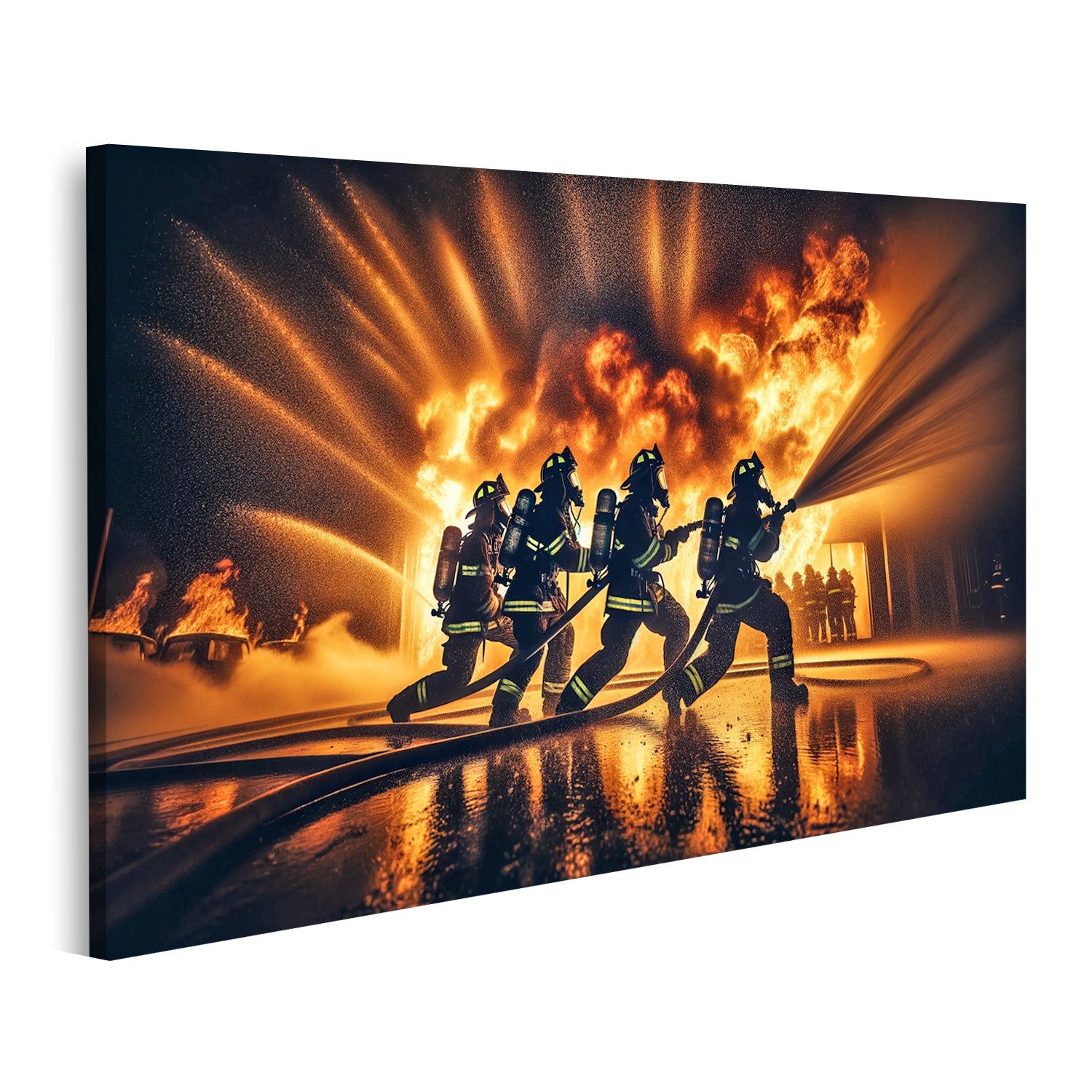 Leinwandbild Feuerwehrleute bekämpfen großes Feuer volle Ausrüstung