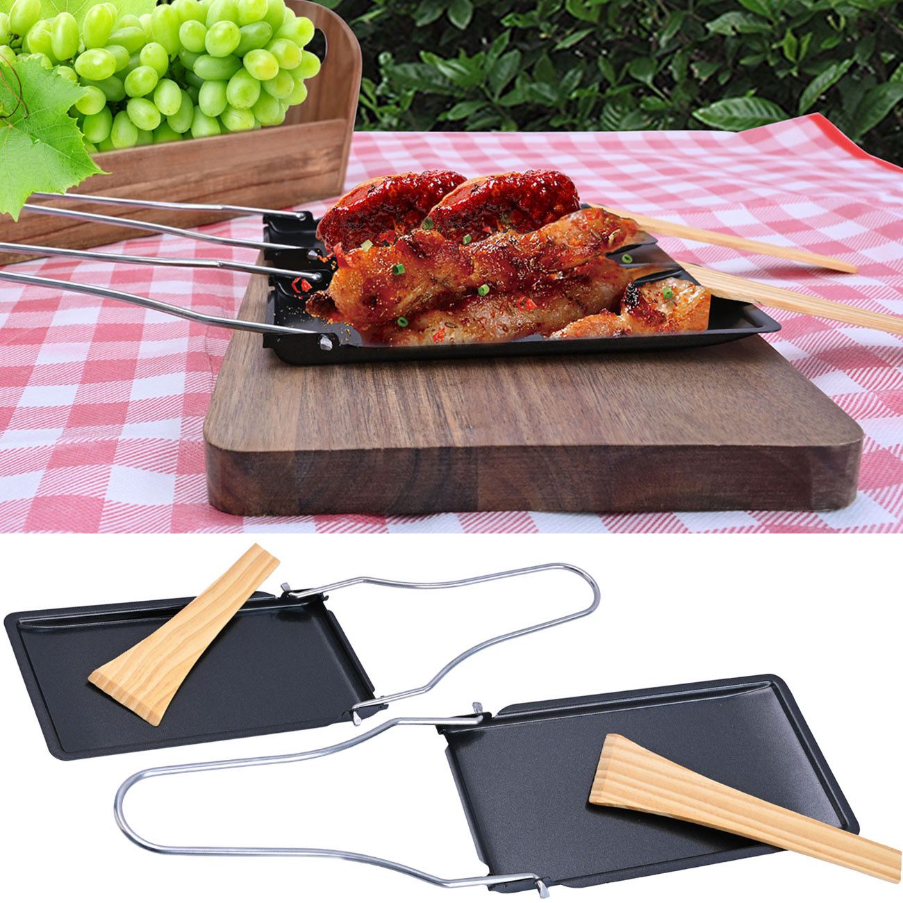 Casativo Raclettepfännchen Grillpfännchen für Raclette & BBQ antihaft Hitzebeständig bis 260°C, Carbonstahl (Set, 2-tlg., 2er-Set & 6er-Set), klappbarer Griff, inkl. Holzspatel, spülmaschinengeeignet