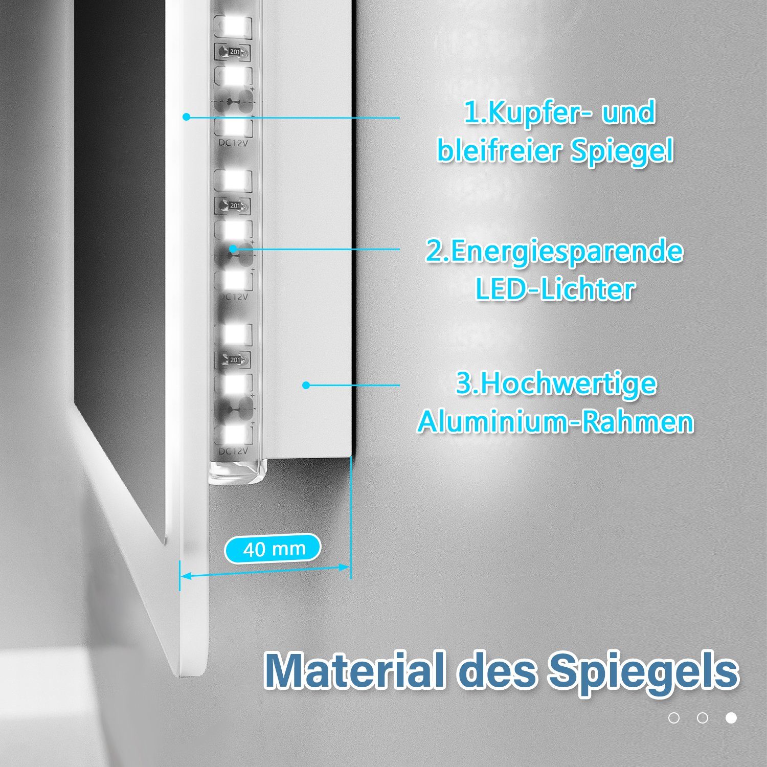 Badspiegel x SONNI Beleuchtung,Badezimmerspiegel,LED,Wandspiegel,Touch, 100x60, Lichtspiegel,50x70/70x50, mit 120 60