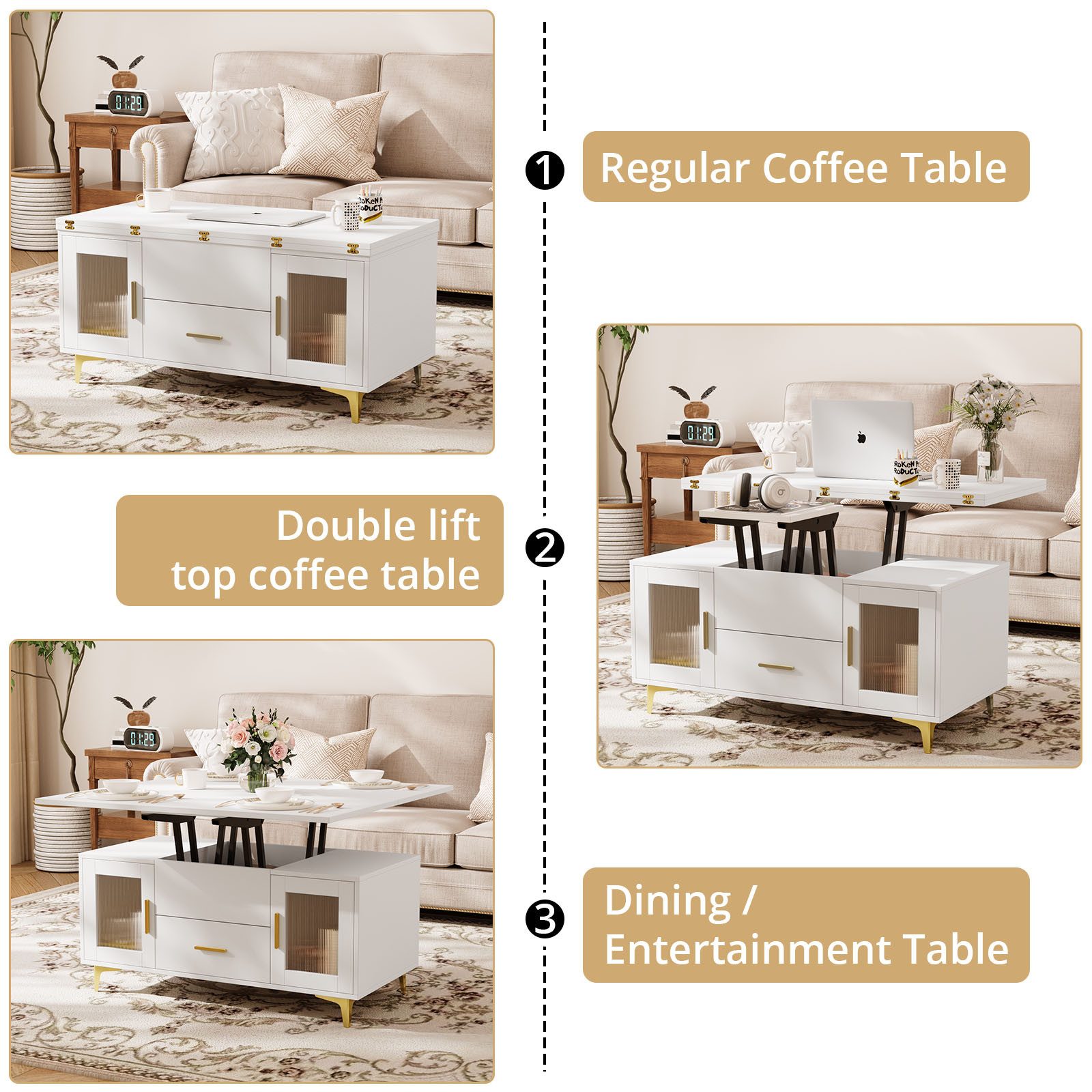 VOWNER Couchtisch Höhenverstellbarer 3-in-1-Couchtisch mit Schublade und Stauraum (1-St), umwandelbar in Esstisch, Weiß