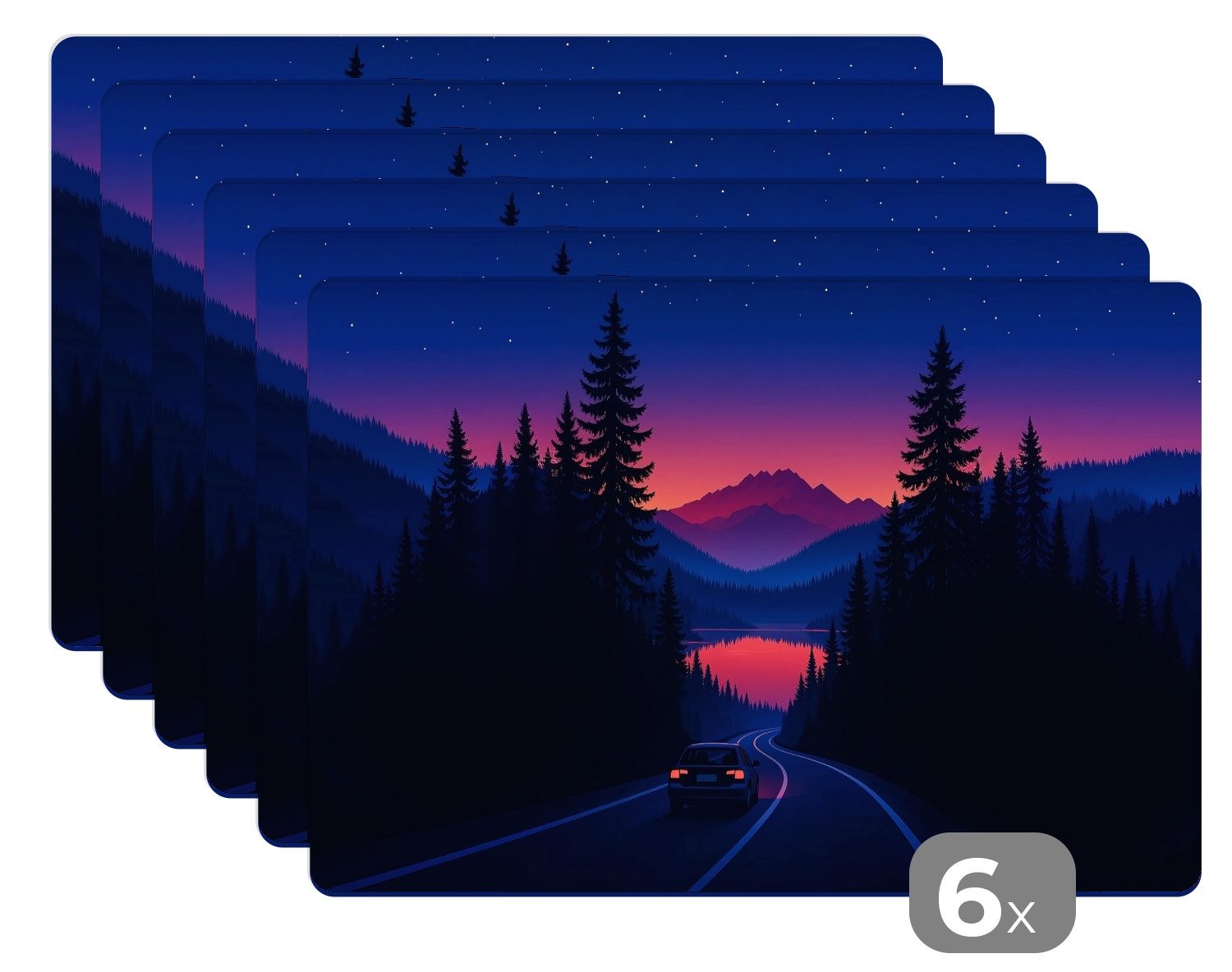 MuchoWow Platzset Auto - Dunkle Kiefern - Sonnenuntergang, (6-St), Platzsets, Tischset, Abwaschbar, Tischsets, Platzdeckchen