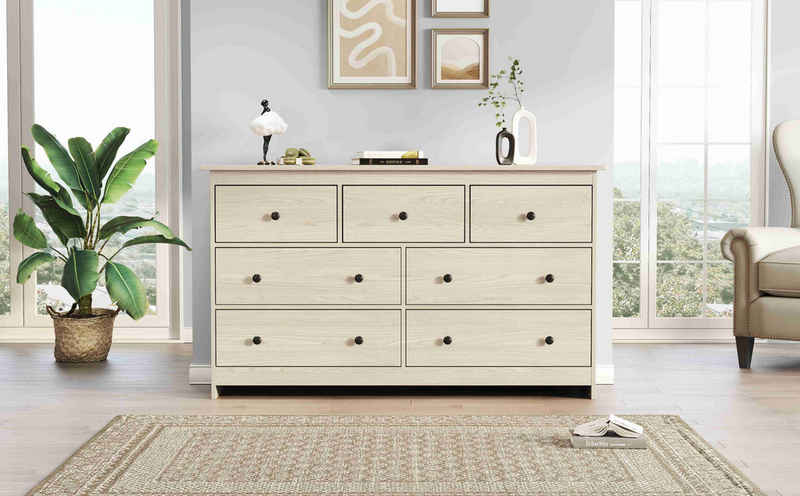 IDEASY Schubkastenkommode Sideboard, Aufbewahrungsschrank, Kommode mit 7 Schubladen, (feine Metallgriffe, solide Stützfüße, 140 x 40 x 82 cm), leicht zu reinigen, Schlafzimmermöbel im Landhausstil