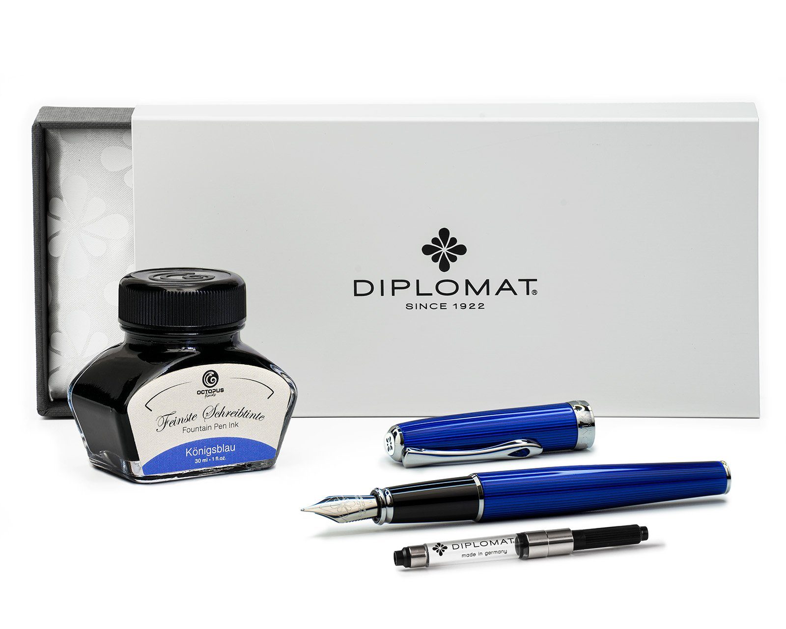 DIPLOMAT Füllhalter Excellence A2 Skyline Blau mit Schreibtinte, (Spar-Set mit Tintenkonverter und Schreibtinte Königsblau von Octopus Fluids), MADE IN GERMANY | Füllfederhalter