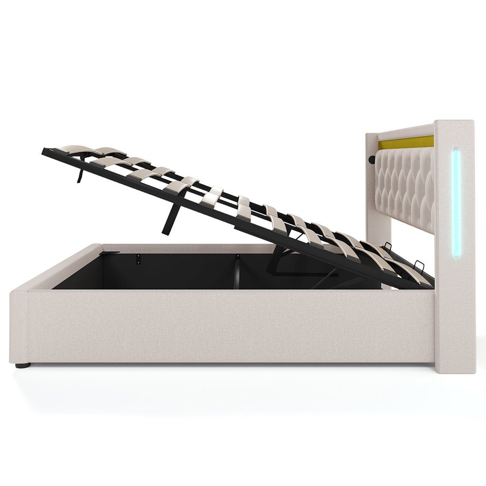 Polsterbett (140x200cm Hydraulisches Doppelbett mit Lattenrost und LED-Beleuchtung), Stauraumbett mit USB Typ C Ladefunktion Kopfteil, Baumwolle-Leinen