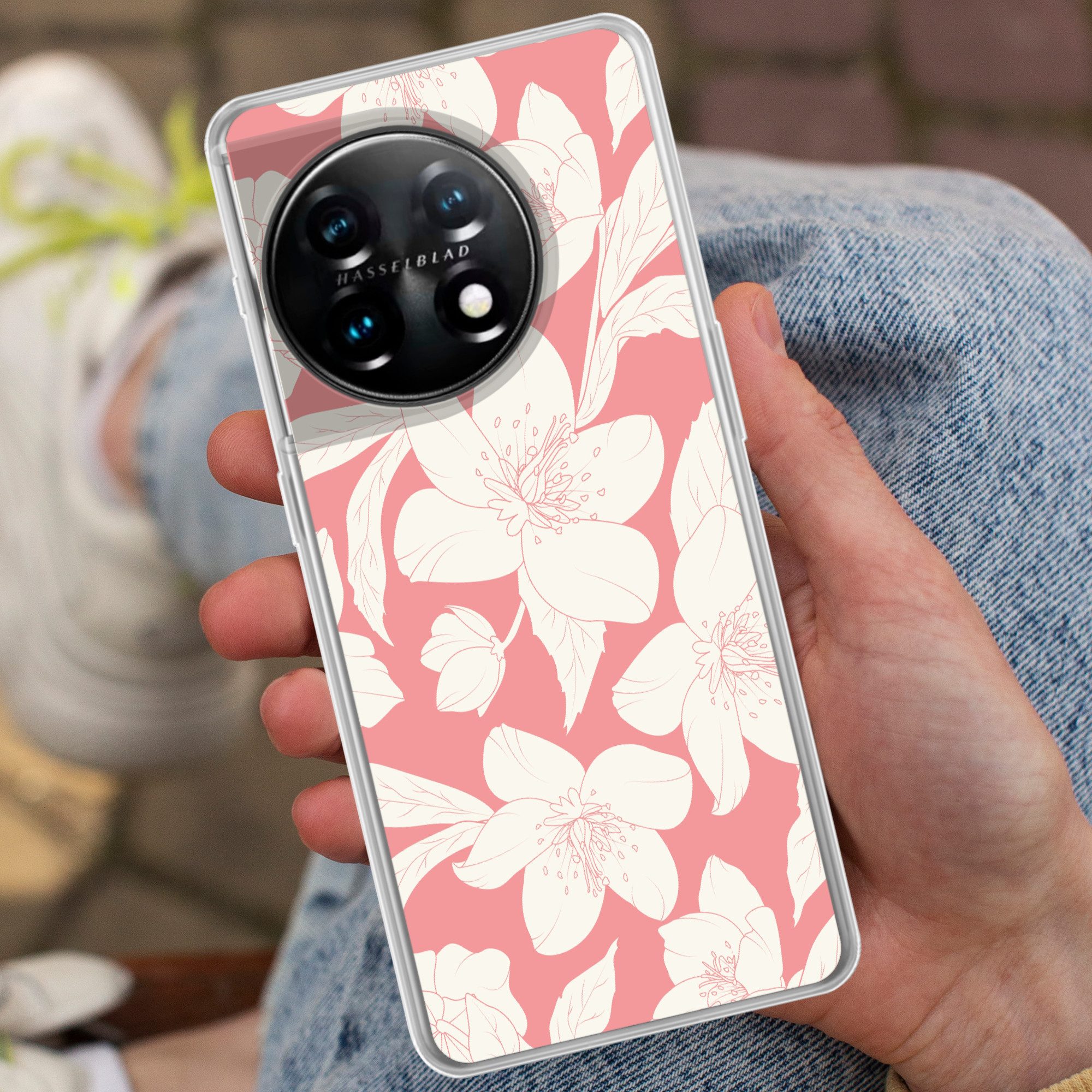 MuchoWow Handyhülle für OnePlus 11 Blumen - Muster - Rosa - Weiß, Handy Case, Silikon, Bumper Case Dünn