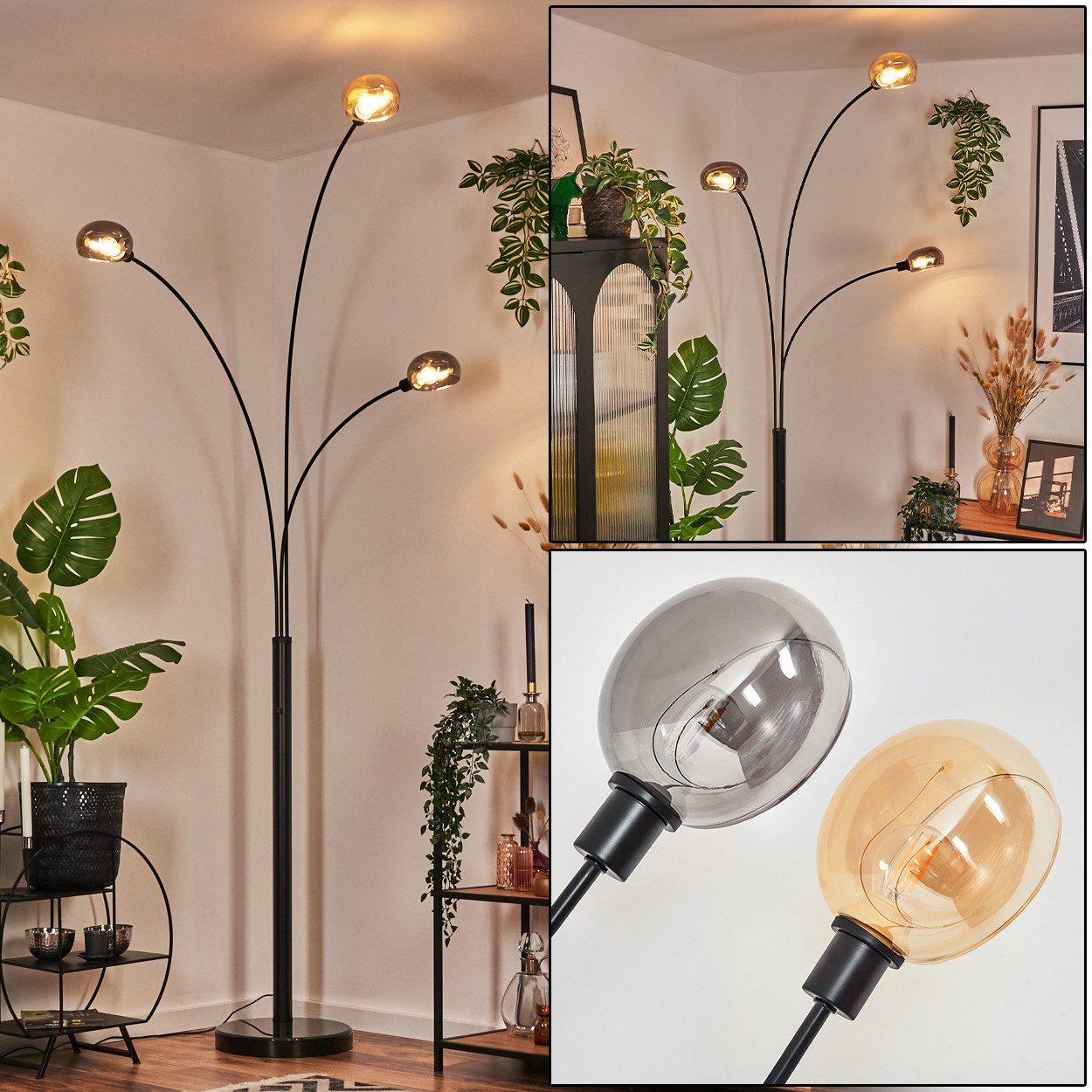 hofstein Stehlampe Stehlampe aus Metall in Schwarz/Rauch-/Bernsteinfarben, ohne Leuchtmittel, moderne Stehleuchte verstellbar, Marmorfuß, Schalter am Gehäuse, E14