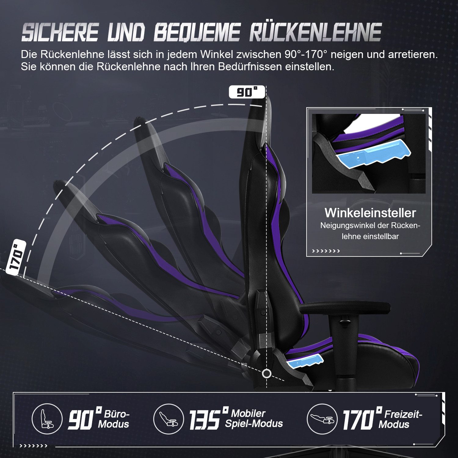 Adormii Gaming-Stuhl Gaming stuhl mit verstellbaren Armlehnen, ergonomisch gaming chair (90°–170° neigbar und arretierbar, gamingstuhl mit gepolsterter Kopfstütze und Lendenkissen, pc stuhl gaming mit verdicktem Sitzkissen, 10cm höhenverstellbarem Sitz, gamer stuhl bis 150 kg)