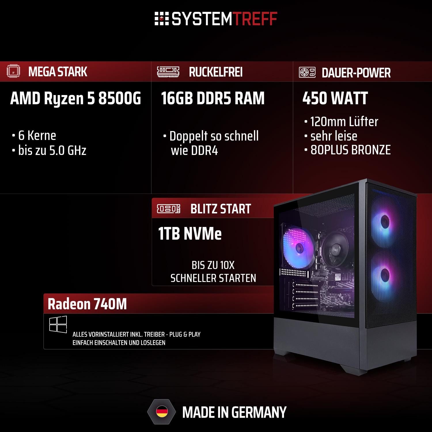 SYSTEMTREFF Basic Gaming-PC (AMD 8500G 8500G, Radeon 740M, 16 GB RAM, 1000 GB SSD, Luftkühlung)