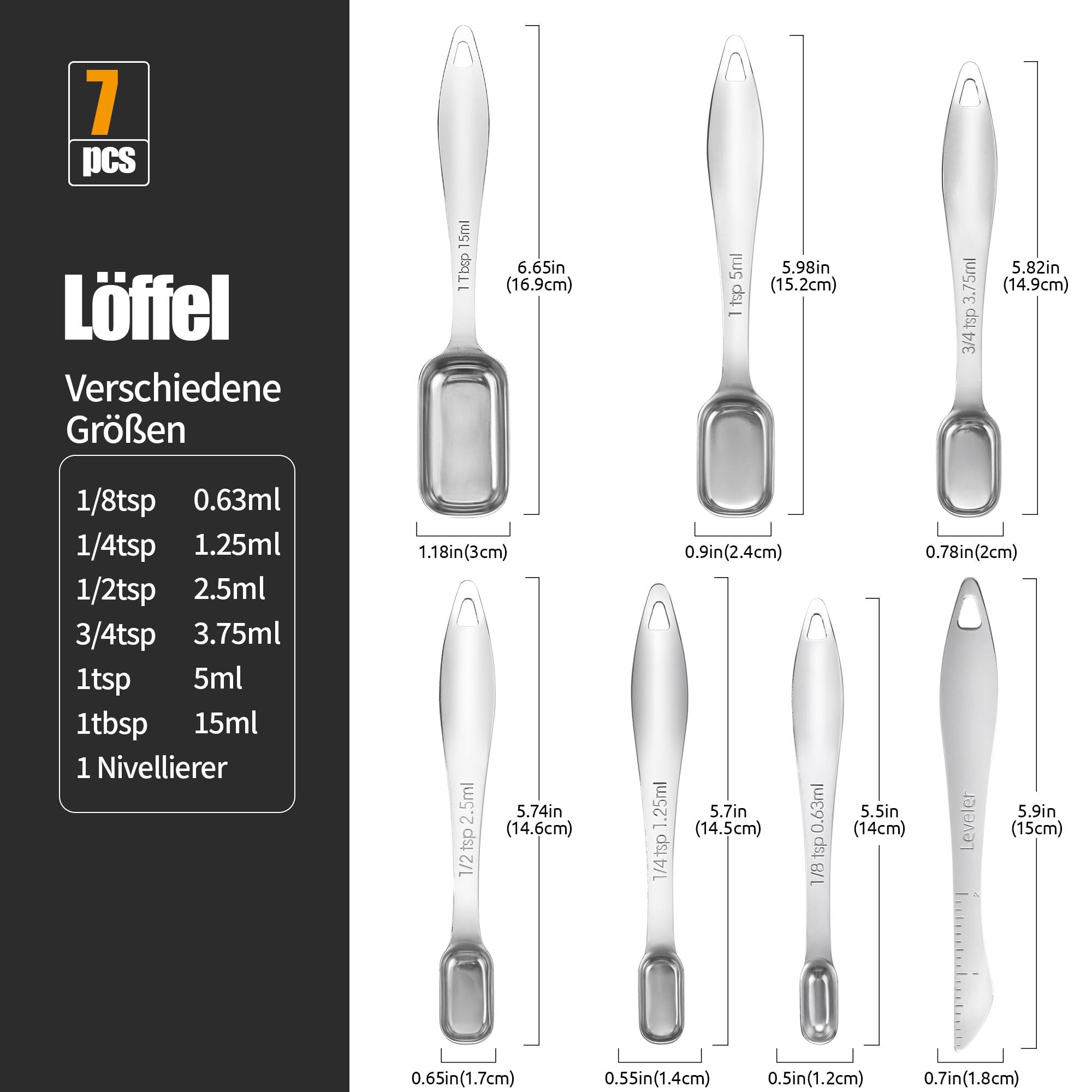 FOUORTUNATE-BEE Messlöffel 7er-Set Messlöffel aus Edelstahl Gewürzlöffel Esslöffel Dosierlöffel, (Präzisions Küchenwerkzeug zum Messen, 7-St., für Proteinpulver, Kaffee und Backen, Spülmaschinenfest)