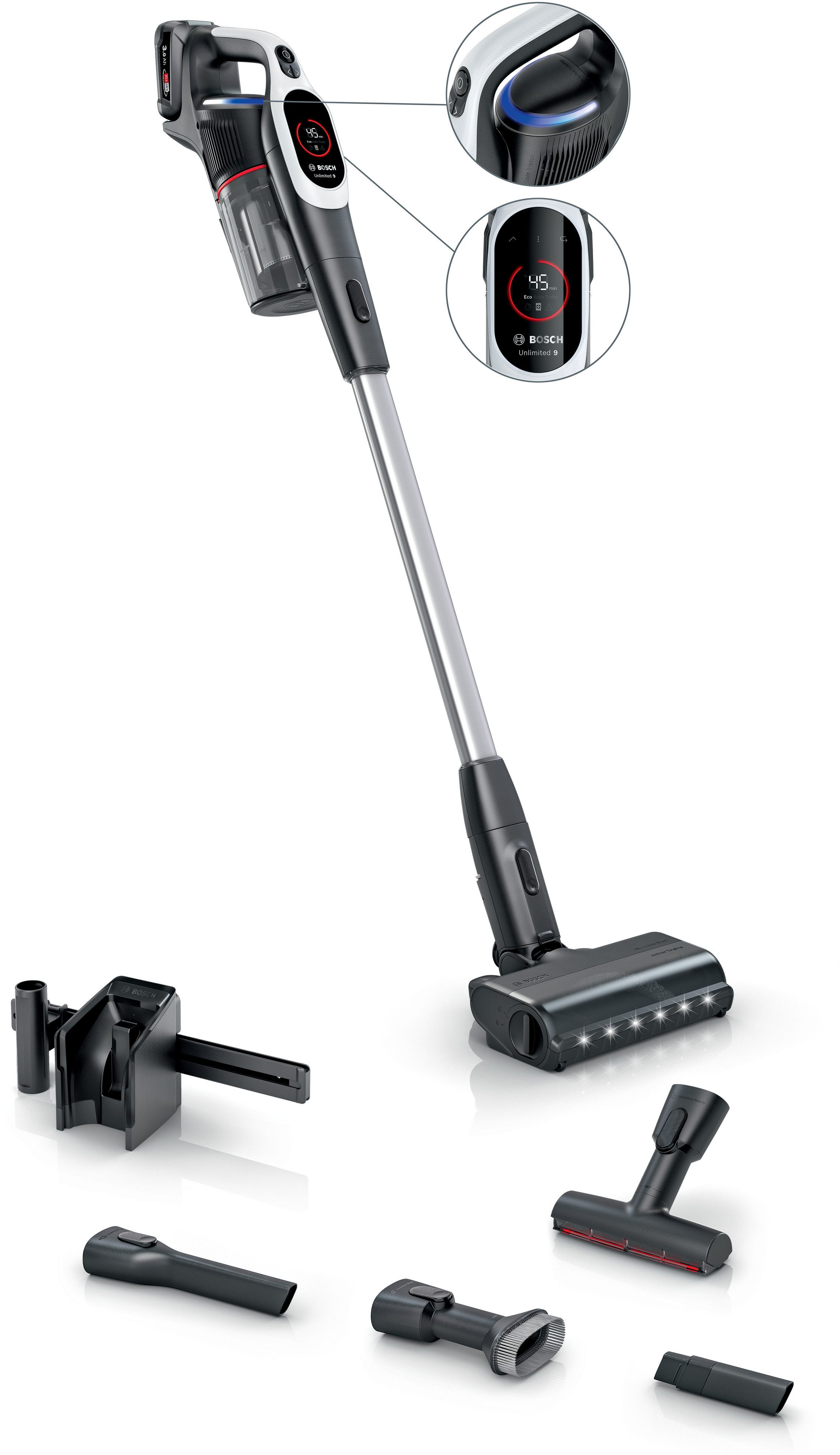 BOSCH Akku-Stielstaubsauger Unlimited 9 BKS931BA, MicroClean™ Technology, LED-Licht, beutellos, HEPA-Filtersystem, 10 Jahre Motorgarantie, Staubkomprimierung, weiß