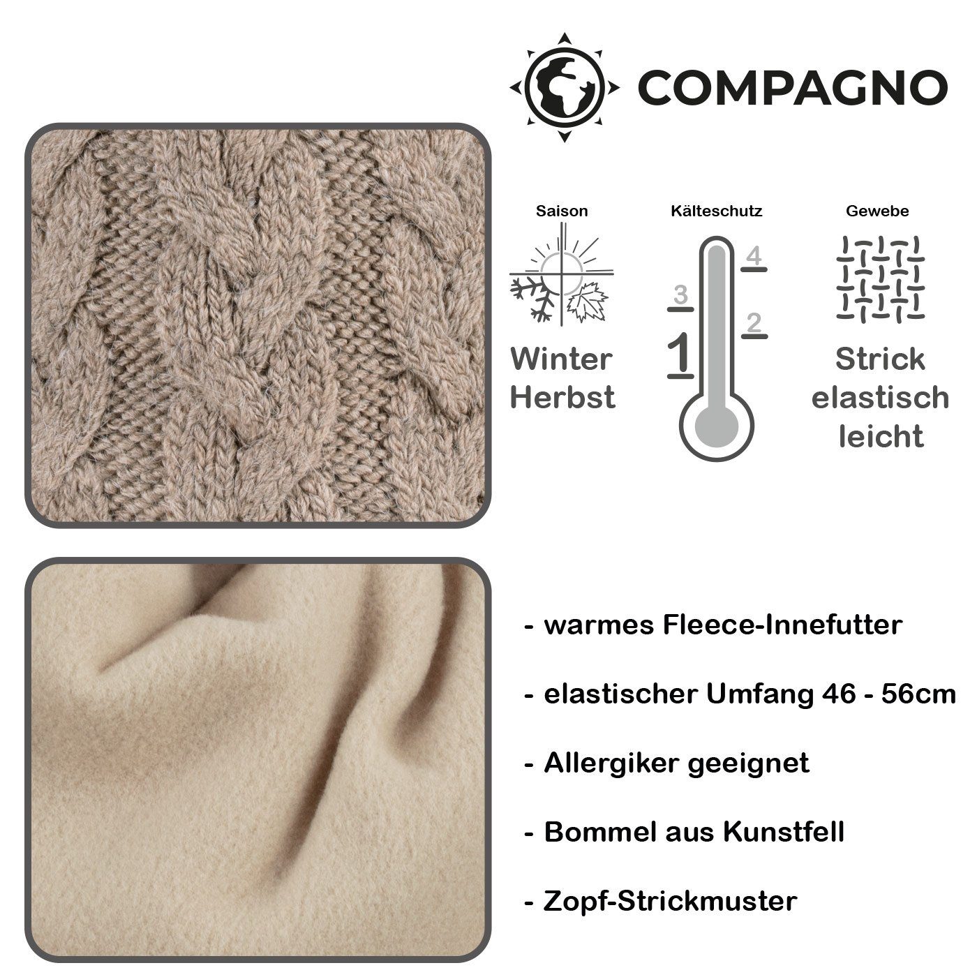 compagno Bommelmütze (1-St) Bommelmütze Wintermütze Zopf-Strickmuster Damen Fleecefutter Beanie