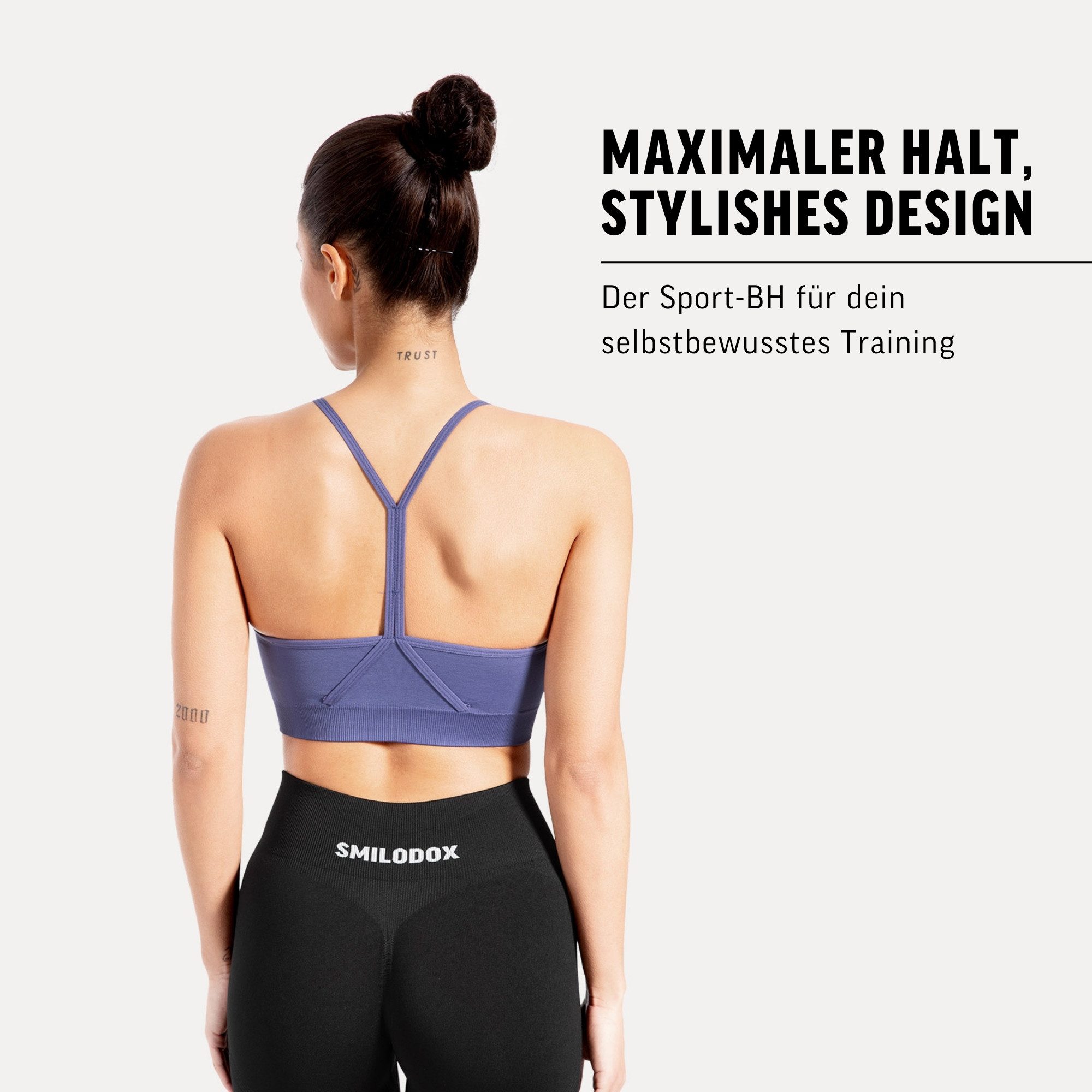 Smilodox Sport-BH Solid Scrunch, Ohne Bügel BH, Shaped Fit Yoga Bra, V-Ausschnitt Herausnehmbare Cups, Blickdichter Push Up BH, Verstellbare Träger
