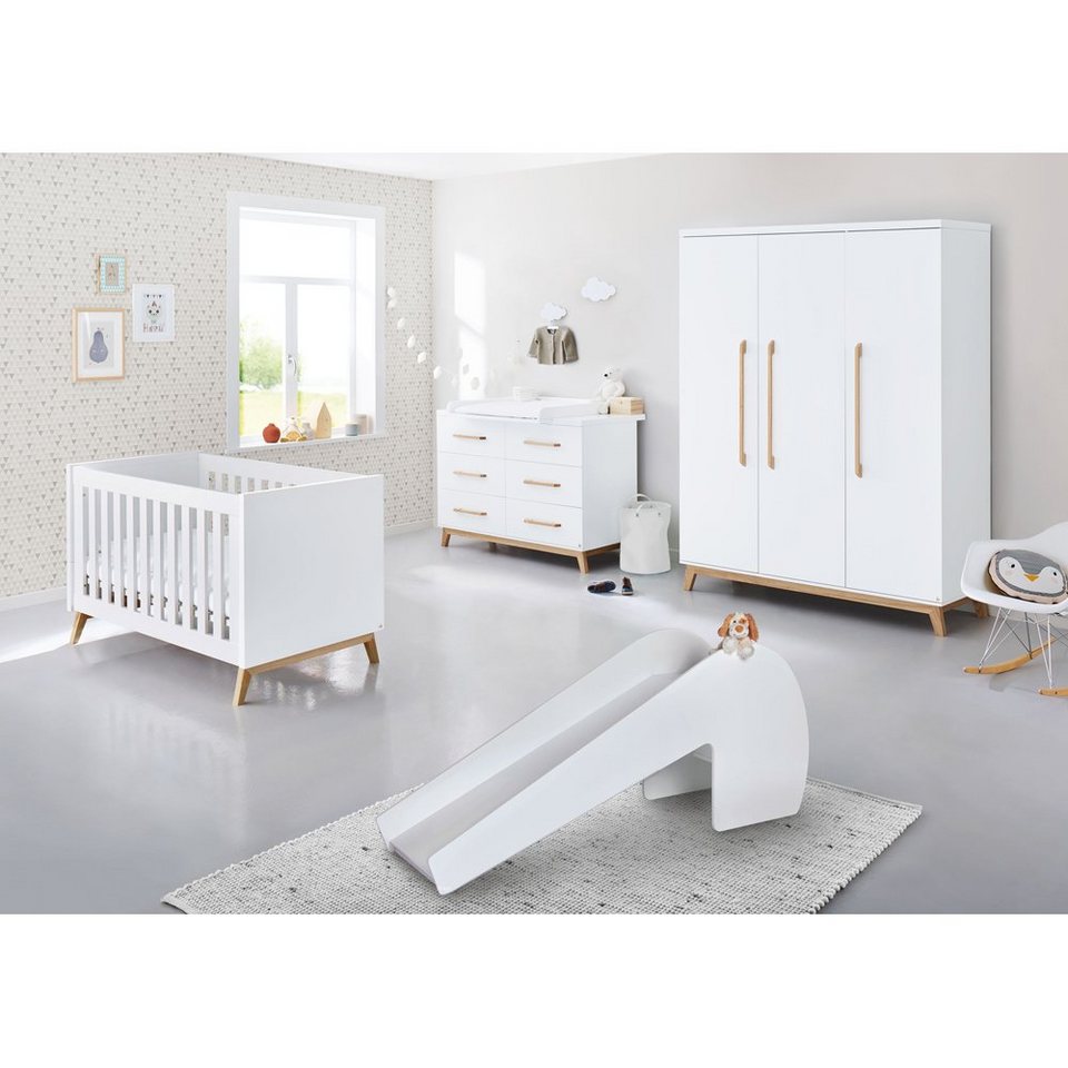 Lomadox Babyzimmer-Komplettset RIJEKA-134, (5-tlg), Babyzimmer inkl. Indoor  Rutsche und Matratze in weiß edelmatt