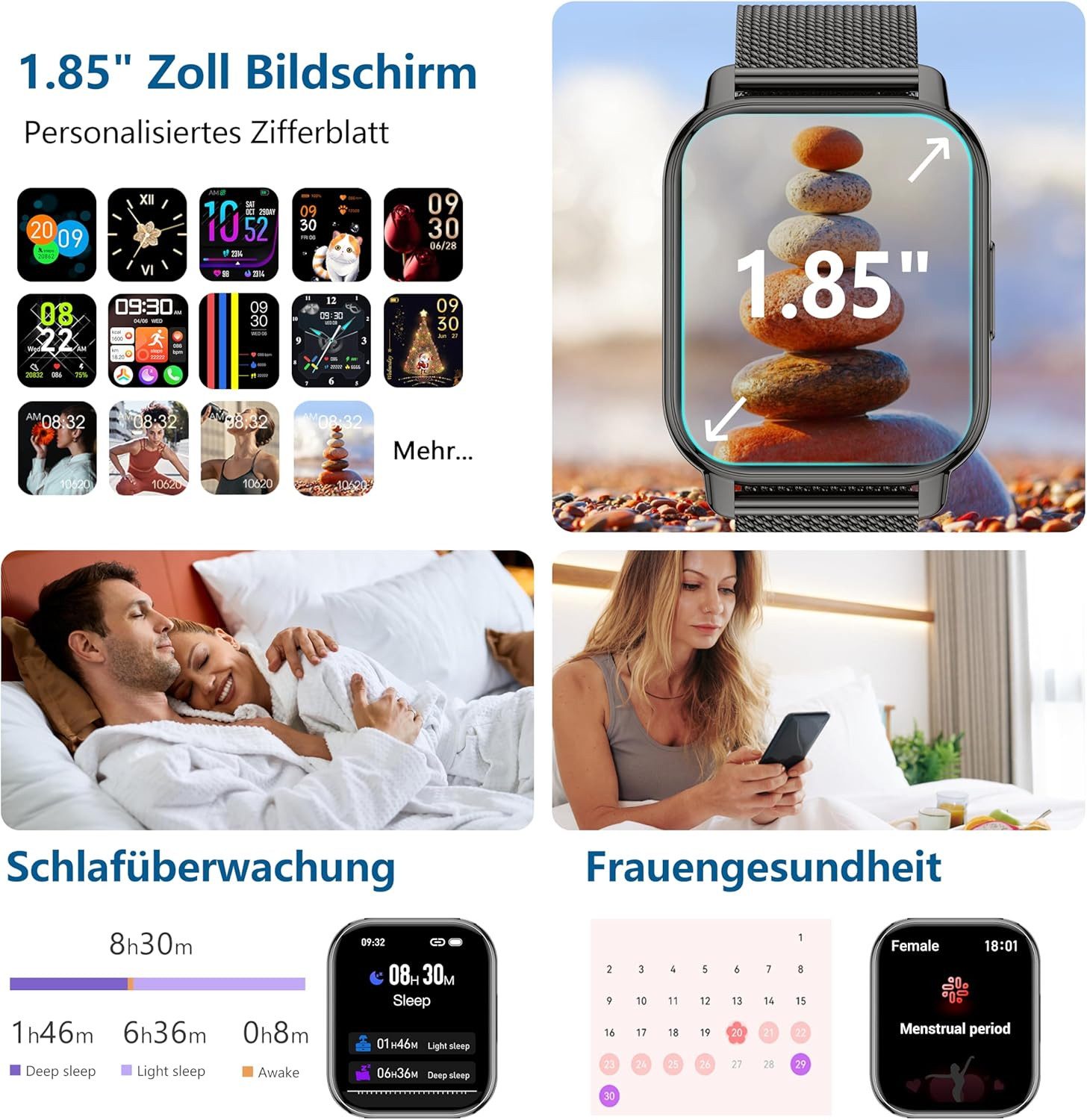 Zevelora Damen's und Herren's Telefonfunktion IP67 Wasserdicht Fitness-Tracker Smartwatch (4,69 cm/1,85 Zoll, Android/iOS), mit austauschbarem weichem Silikonarmband, mit Puls-Schlaf-Monitor Schrittzähler 110+ Sportmodi