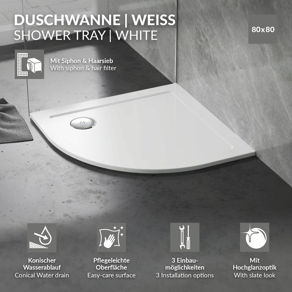 LuxeBath Duschwanne Brausetasse mit Ablaufgarnitur, Duschtasse Komplett Set Hochglanzoptik, Rund, Brausewanne 80x80 cm rund Weiß aus SMC mit Siphon