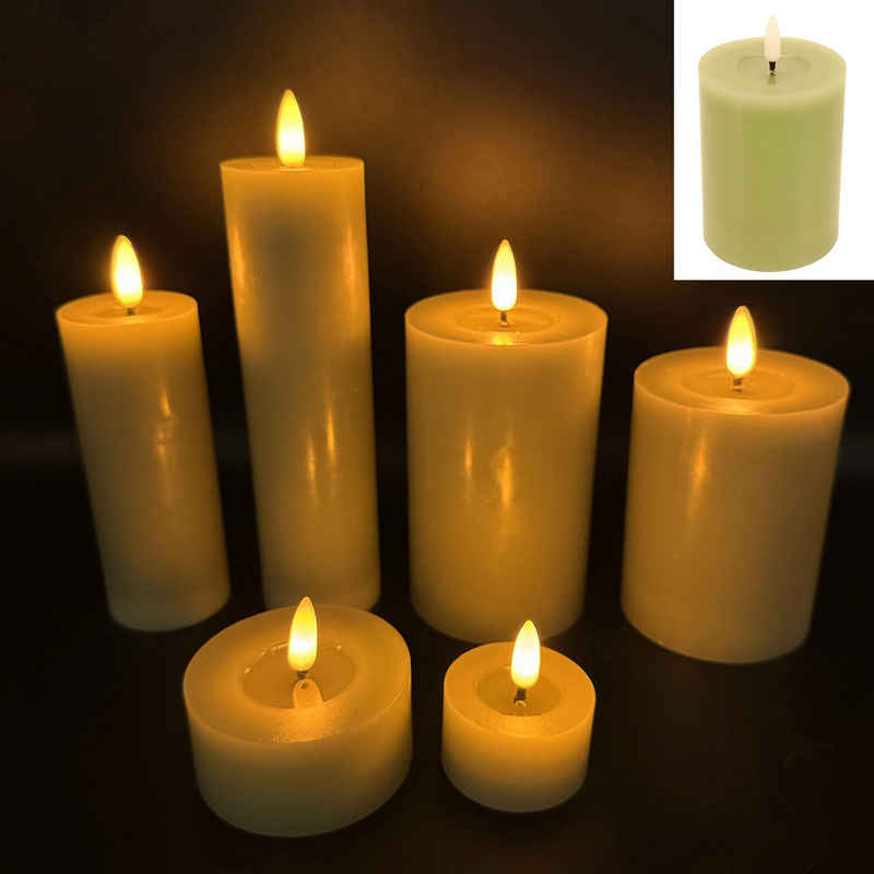 Online-Fuchs LED-Kerze 6er Set LED-Kerzen aus Echtwachs mit realistischer Flamme (Creme, Weiß, Lila, Grün oder Rosa, 3 verschiedene Kerzenarten), - 6 Stunden Timer