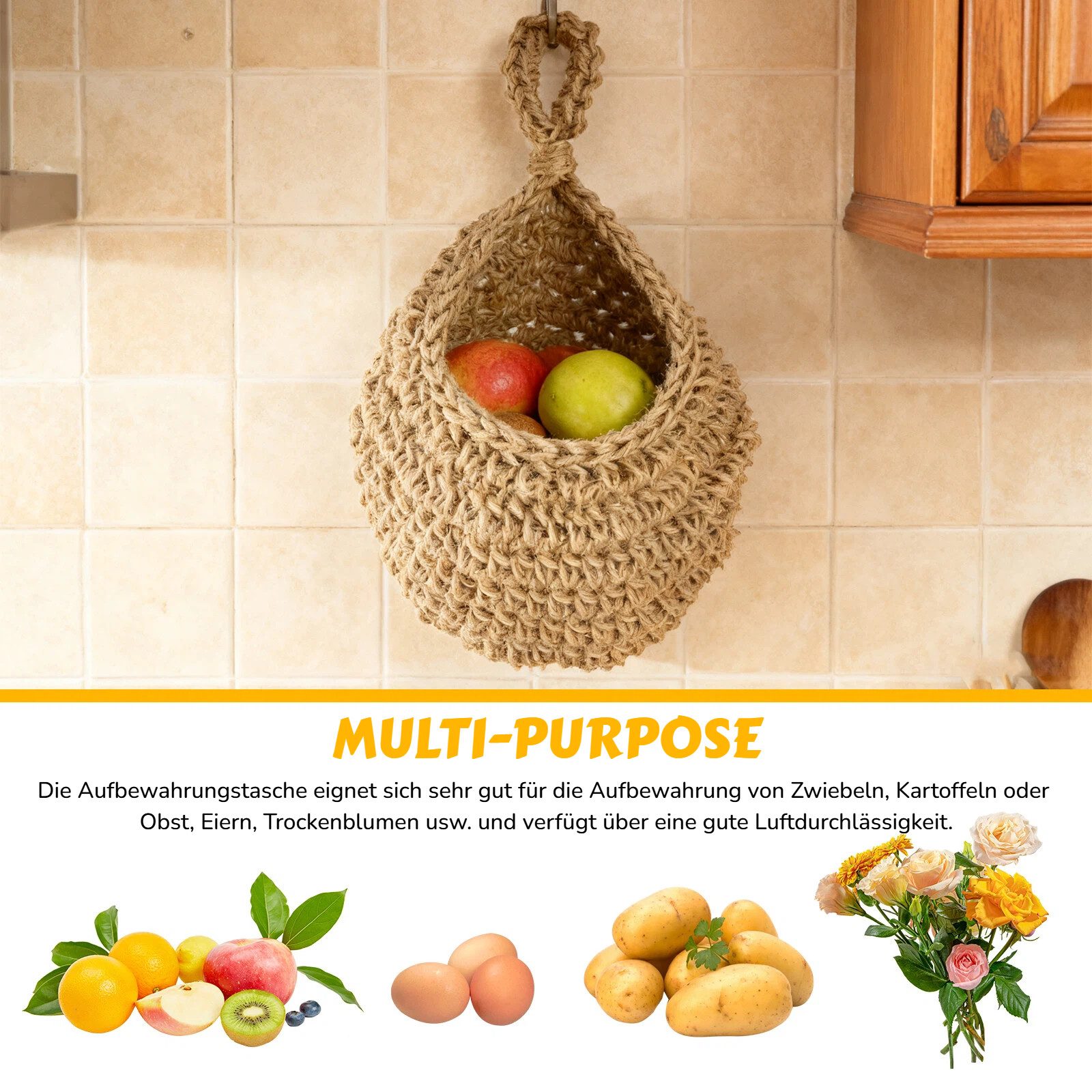 BlingBin Hängekorb Obstkorb Hängend Geflochten, 3 Stück Handgewebt Wandkorb (3er Set, 3 St., Extra groß: 33 × 27 cm; Groß: 28 × 21 cm; Mittel: 25 × 20 cm), Aufbewahrungskorb für Küche Deko, Wohnzimmer, Schlafzimmer